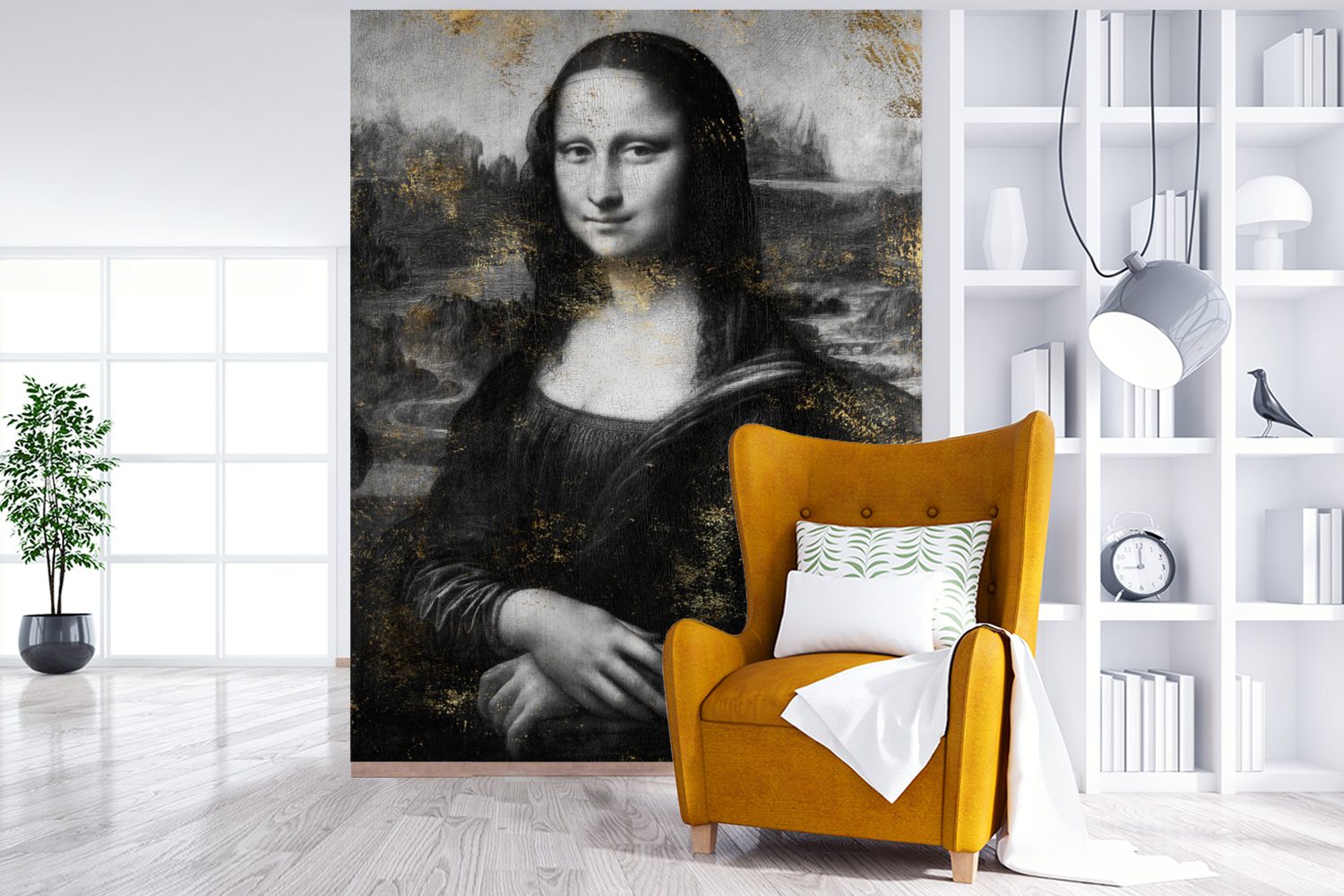 Tapete Matt, - St), Mona - Montagefertig Gold, MuchoWow Fototapete für Lisa (4 Wohnzimmer, Vinci Vinyl da Leonardo bedruckt, Wandtapete