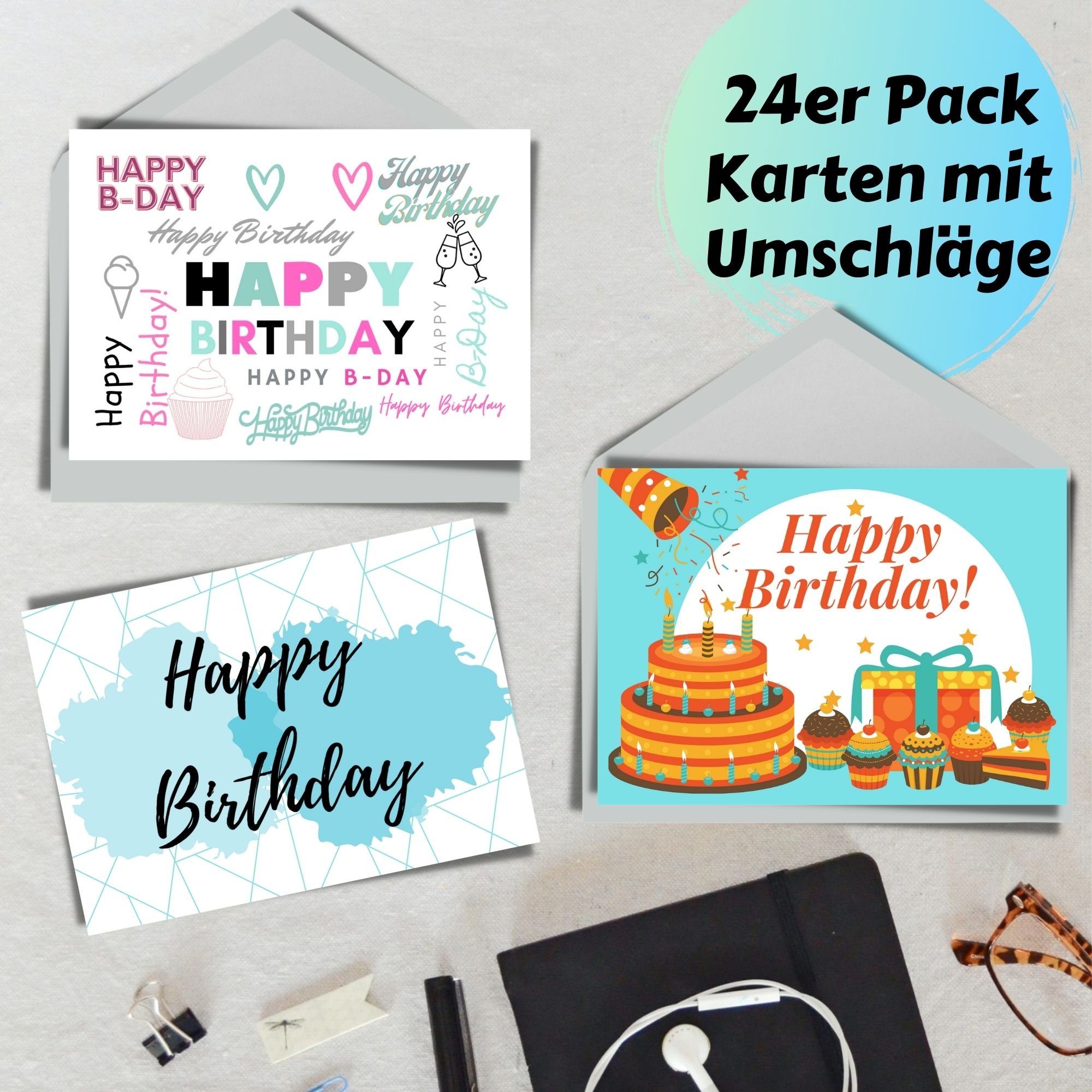 Karten Geburtstagskarten 24er 24er Grußkarten Umschlag, Geburtstagskarte Postkarten, mit Set, zum Geburtstag Kraftpapier Birthday Happy Set Domelo