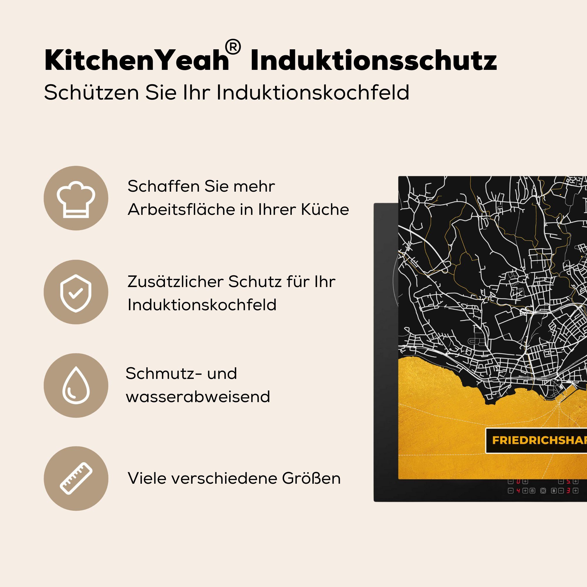 MuchoWow Herdblende-/Abdeckplatte Gold - Deutschland - küche - 78x78 (1 Karte cm, Stadtplan Ceranfeldabdeckung, tlg), Vinyl, für - Friedrichshafen, Arbeitsplatte