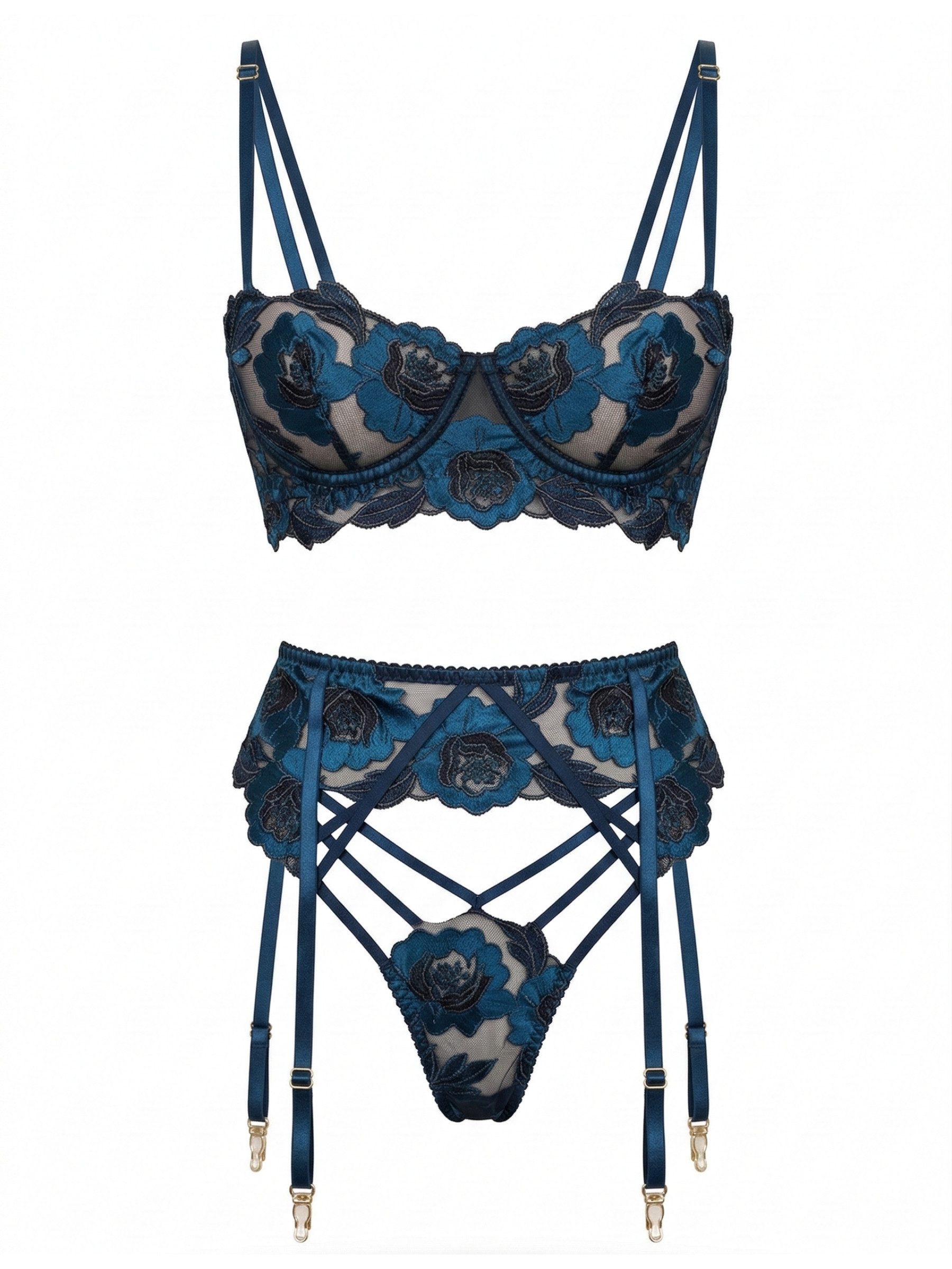 Elegant Love Set: Bügel-BH Reizwäsche: Strappy-Dessous-Set mit floraler Stickerei & Straps-Optik (Set, 3-tlg., BH, String & Strapsgürtel) Sexy Unterwäsche für Damen – besticktes Lingerie Set