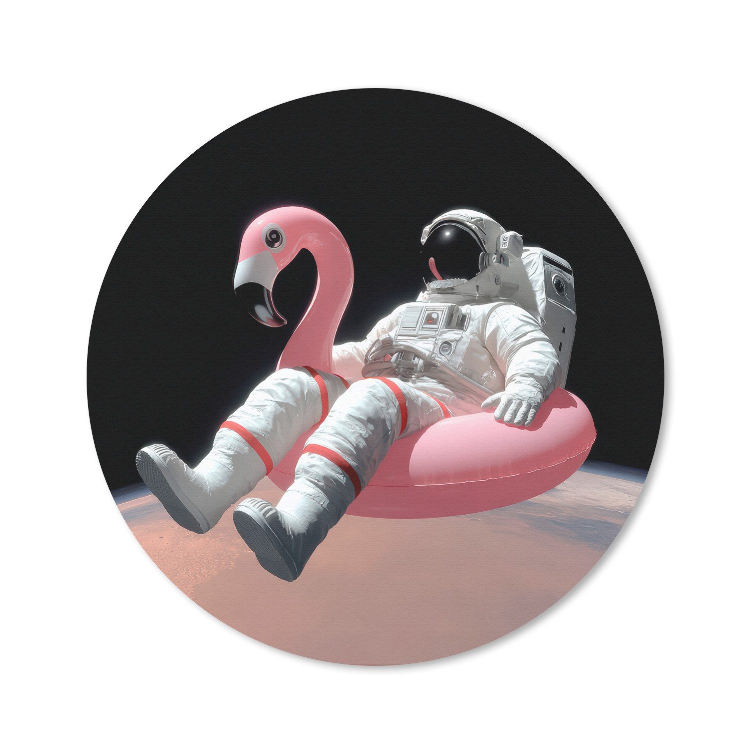 MuchoWow Mauspad Astronaut - Flamingo - Schwimmband - Rosa (1-St), Mousepad mit Rutschfester Unterseite, Gaming, Rund, 40x40 cm