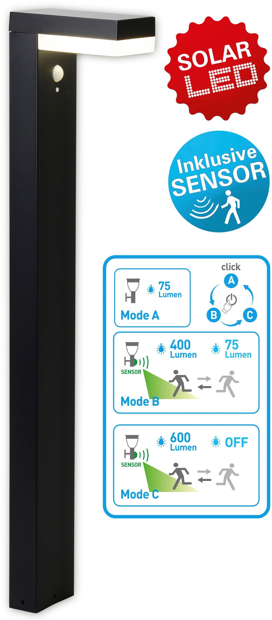 näve LED Solarleuchte Filius, Bewegungsmelder, LED fest integriert, Warmweiß, incl. Bewegungsmelder 90°, max. 8m, 3 Funktions-Modi wählbar, h: 50cm