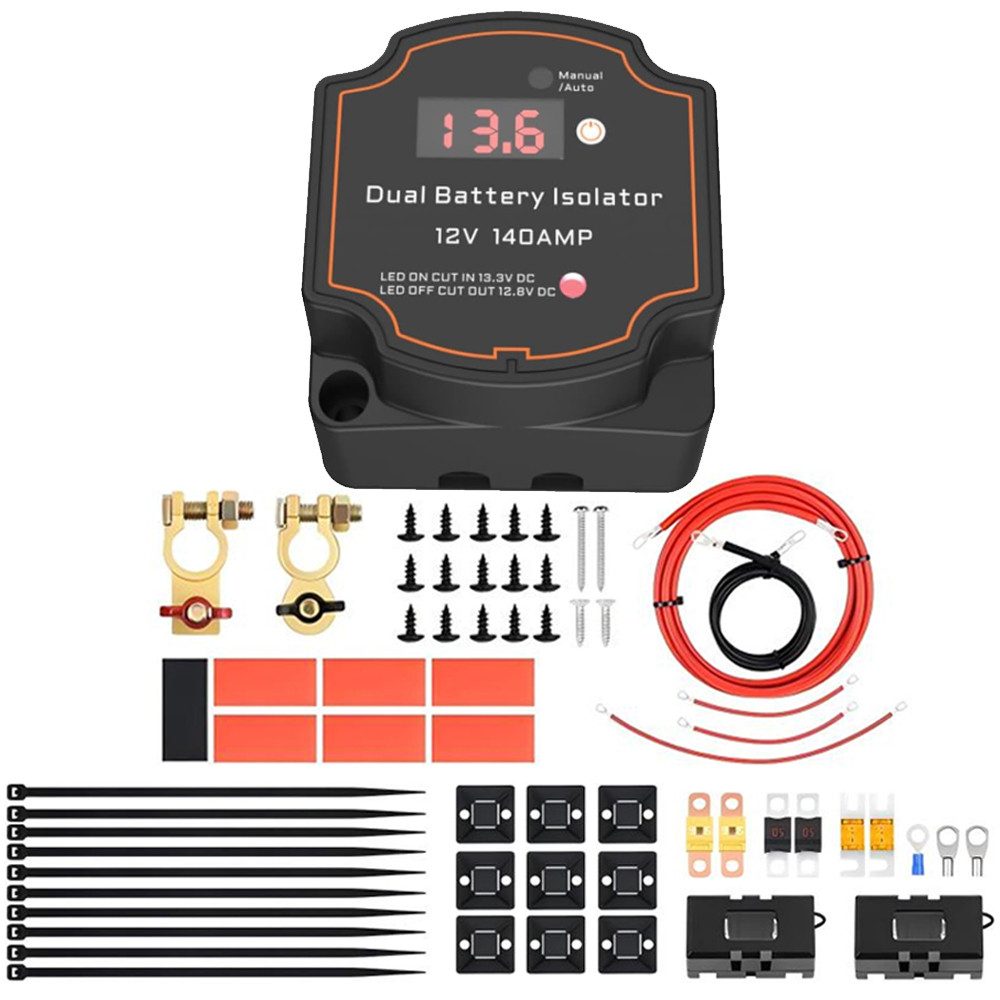 PRIISF Batteriepolklemme Trennrelais 12V 140A Zweitbatterie Set Automatisches Batterietrenner, IP68 wasserdichte, Hält Schmutz, Stößen und Feuchtigkeit stand, Spannungsgesteuertes Relais für Wohnmobil Camper Kfz Auto, Vollautomatisches Batterie Trennrelais Doppelbatterie Auto Laderelais, LCD Display vollautomatisches Doppelbatterie-Isolator-Kit Trennrelais