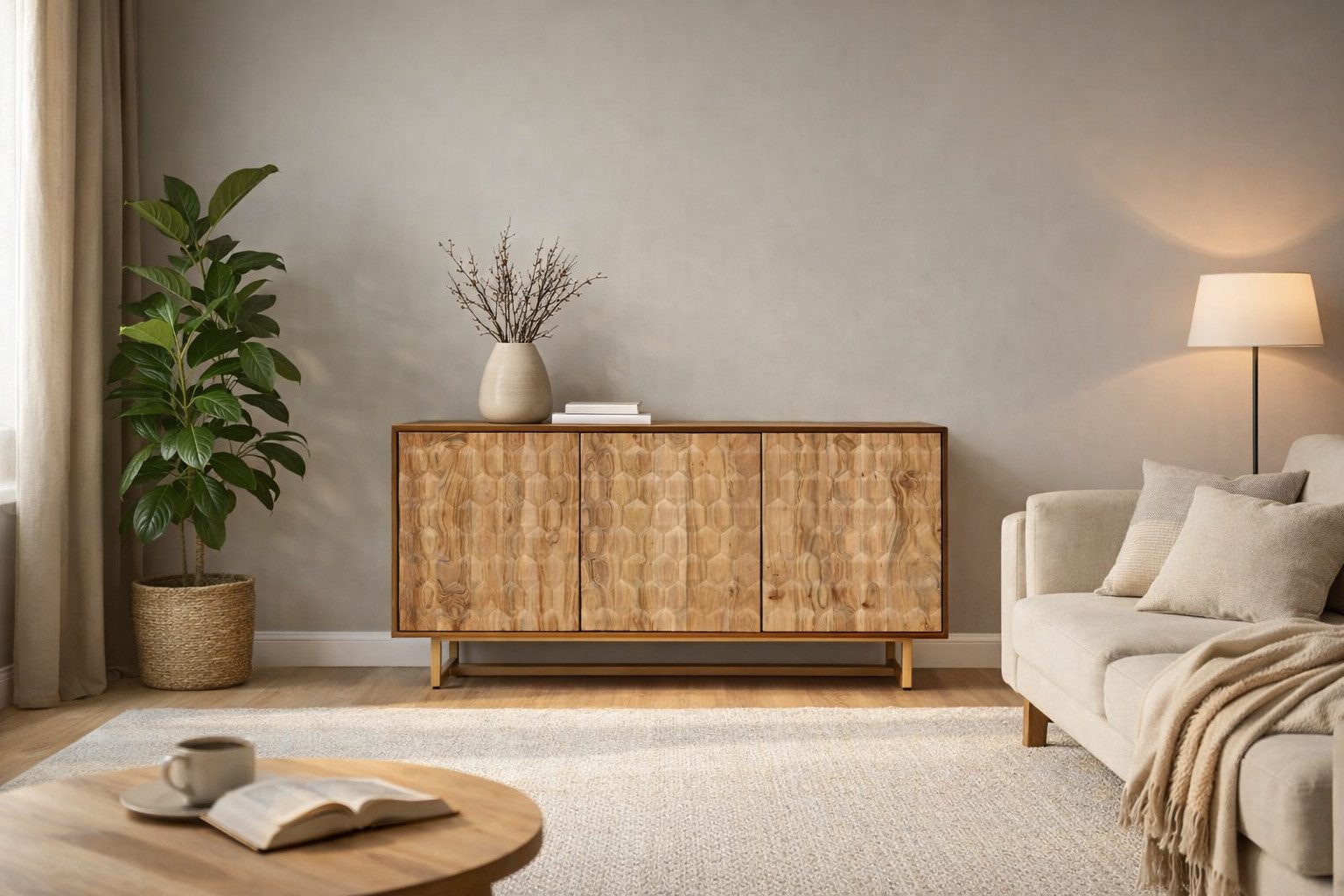 Sitheim-Europe Sideboard Sideboard 145 cm 3D-Wabenstruktur braun Akazienholz Metall gold, push-to-open-Mechanik