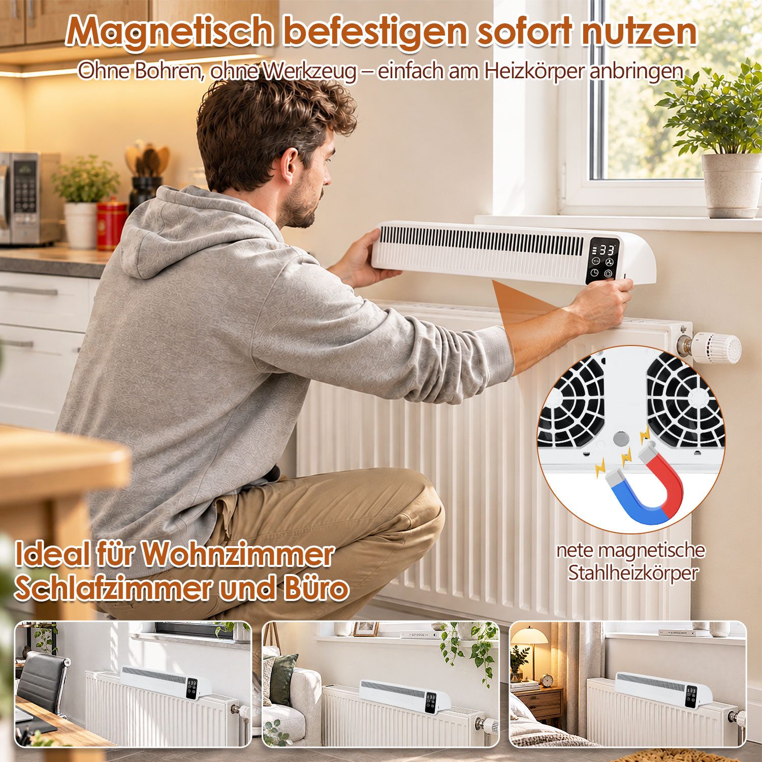 Clanmacy Heizkörperventilator Heizkörperverstärker 3 Lüfter mit Akku, Auto-Modus, Timer, magnetisch – Bild 4 von 5