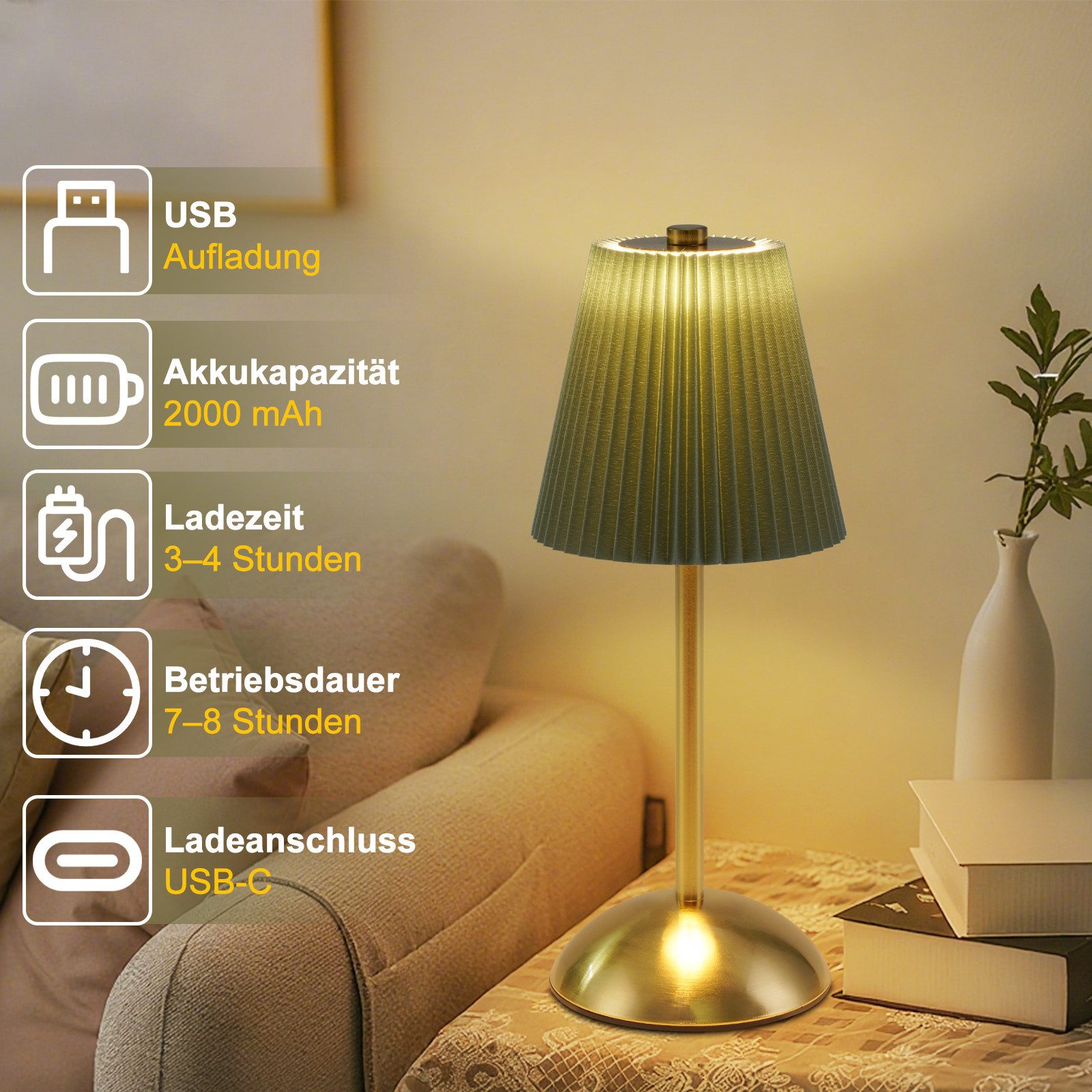 ZMH LED Tischleuchte 2er Set Akku Touch Nachttischlampe - Dimmbar 3 Farbtemperature mit USB, 3000-6500K