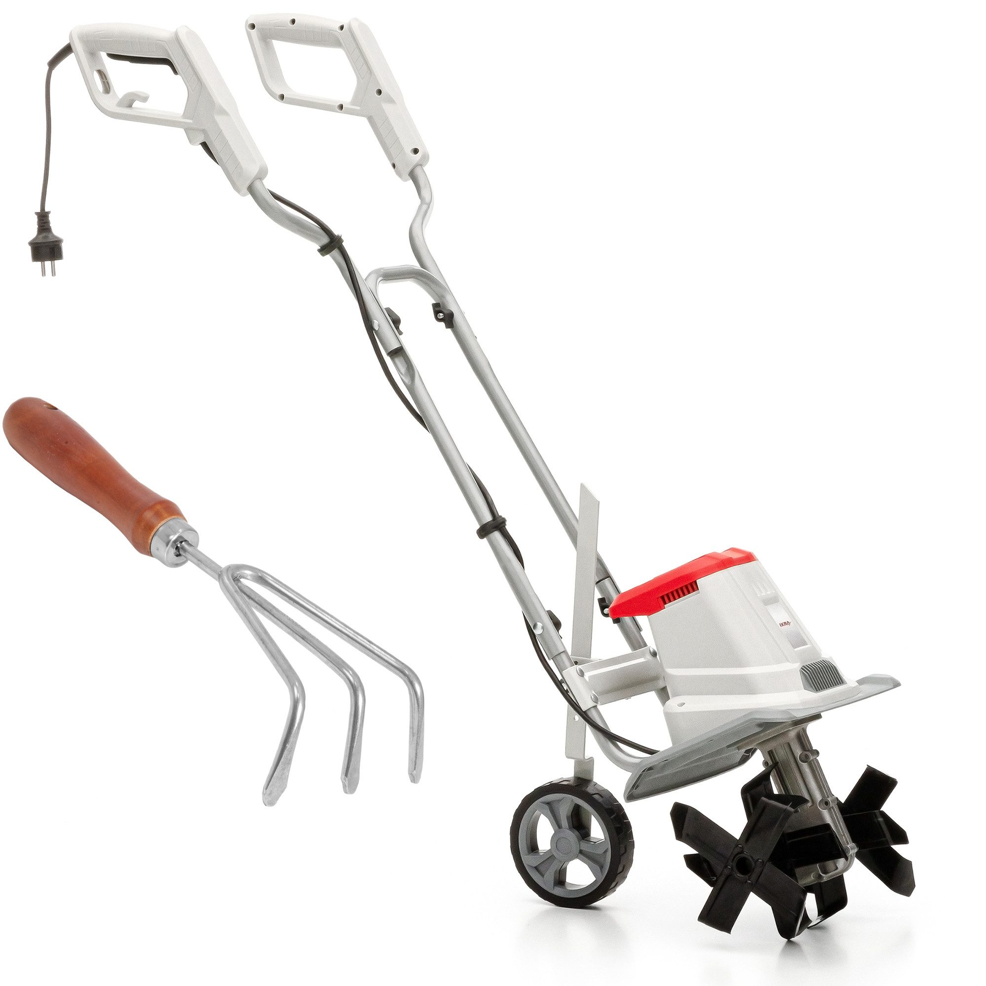 ikra GmbH Elektromotorhacke IET 1030, 30 cm Arbeitsbreite, 30 cm Schnittbreite, mit Handgrubber, Sicherheitsschalter, höhenverstellbarer Hacksporn, Transportrad