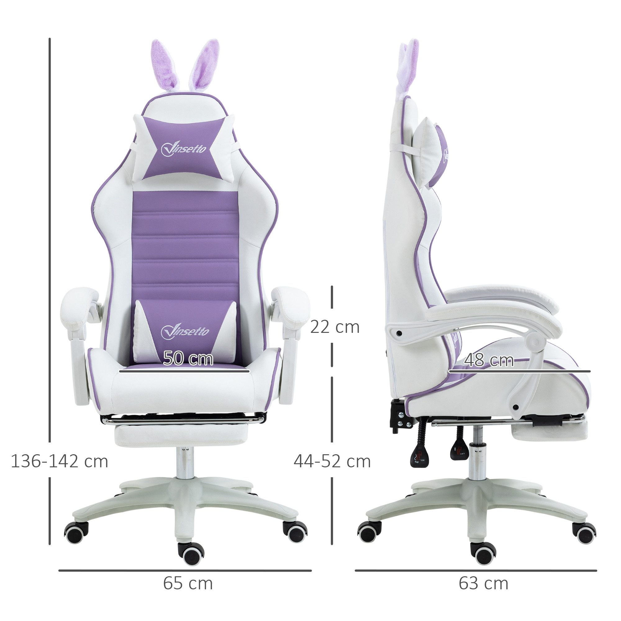 Vinsetto Gaming-Stuhl mit Lendenwirbelstütze, Fußstütze, Hasenohren, Kopfkissen (Bürostuhl, 1 St), PC-Sessel mit verstellbar Liegefunktion, 65 x 63 x 136-142 cm, Violett