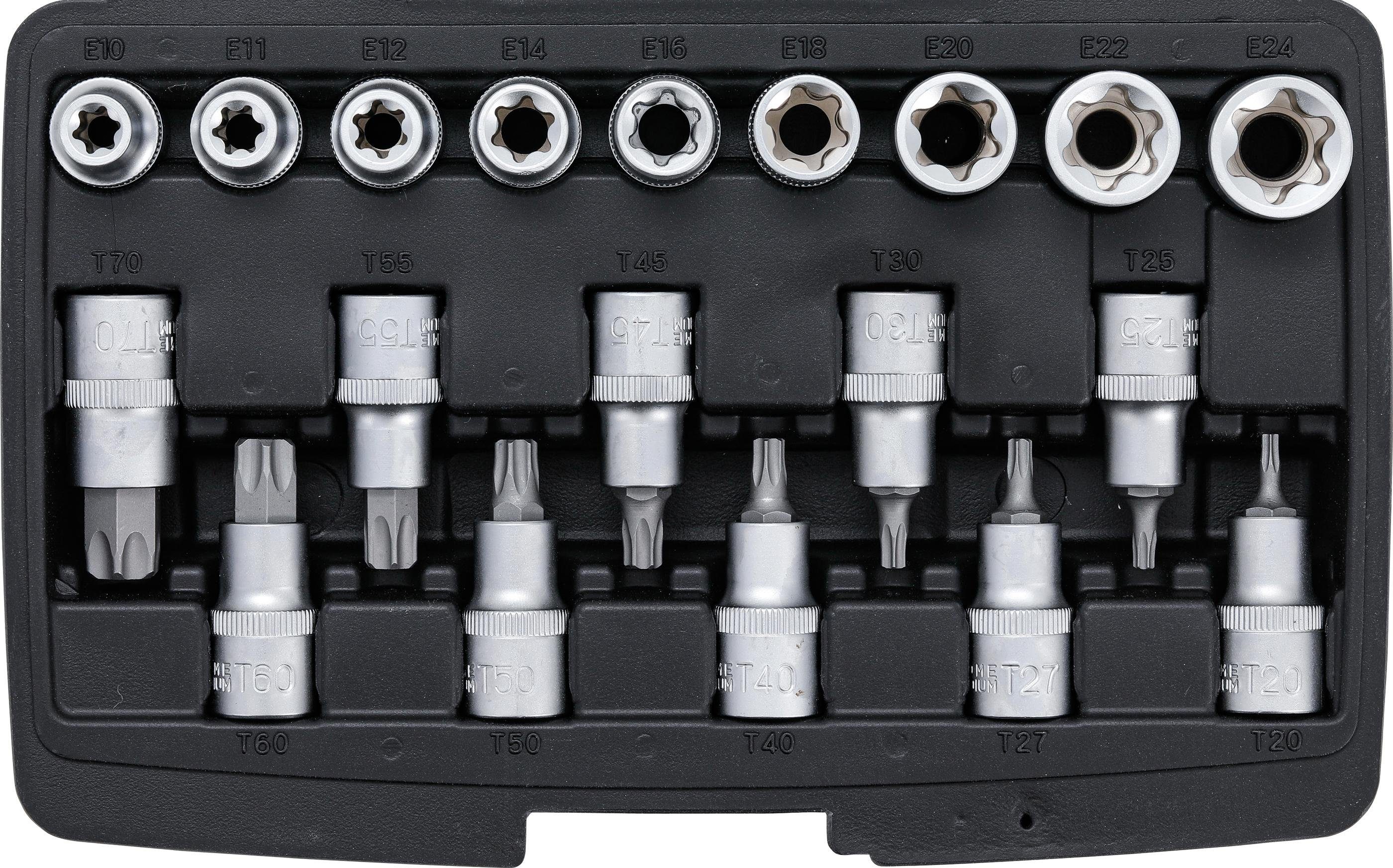 BGS technic Steckschlüssel Bit-Einsatz-/Steckschlüssel-Satz, Antrieb Innensechskant 12,5 mm (1/2), T-Profil (für Torx) / E-Profil, 19-tlg.