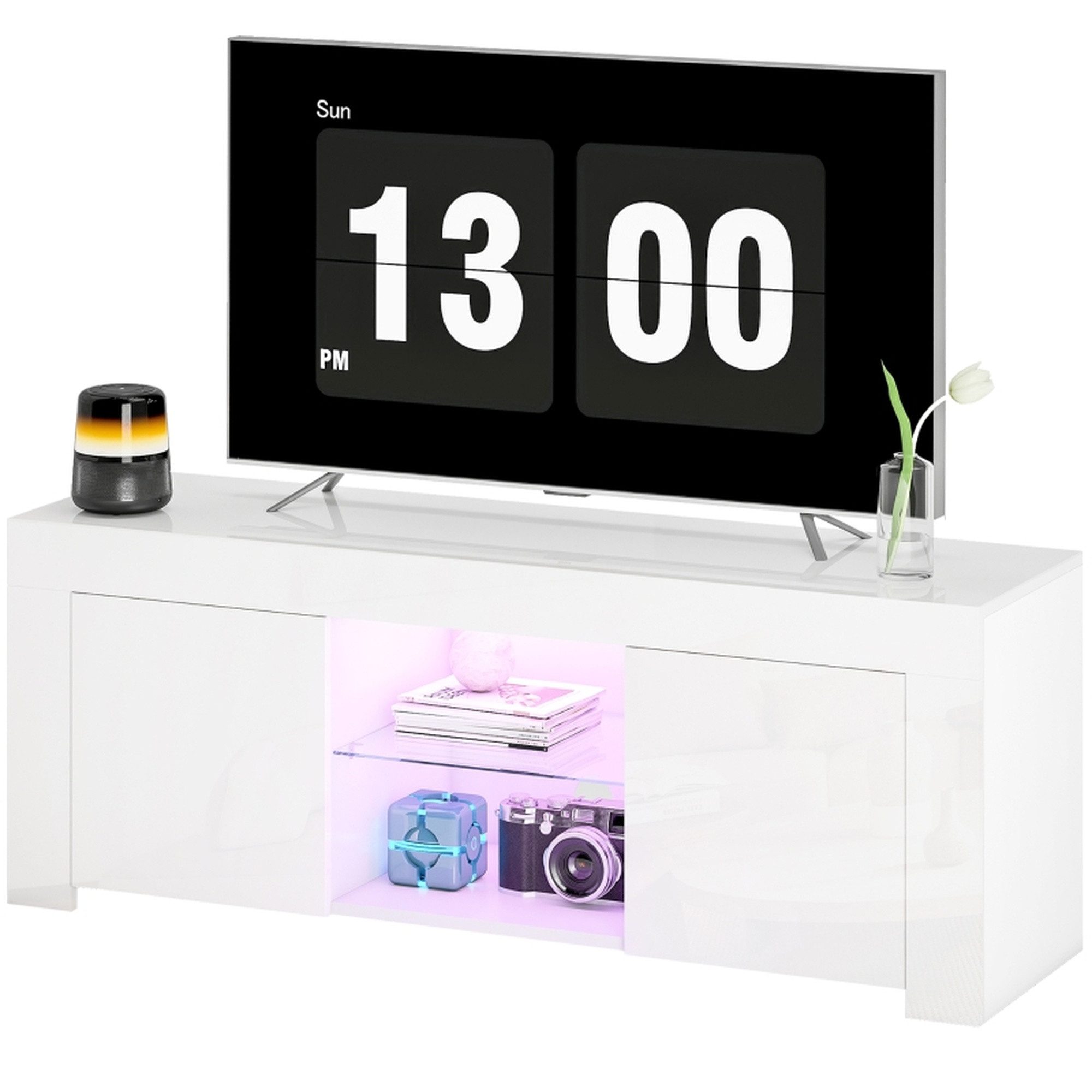 MC Star TV-Ständer TV-Schrank mit LED-Beleuchtung, 2 Schranktüren, Glasregal, Kabellöcher, (für Wohnzimmer, Spanplatte, Weiß)