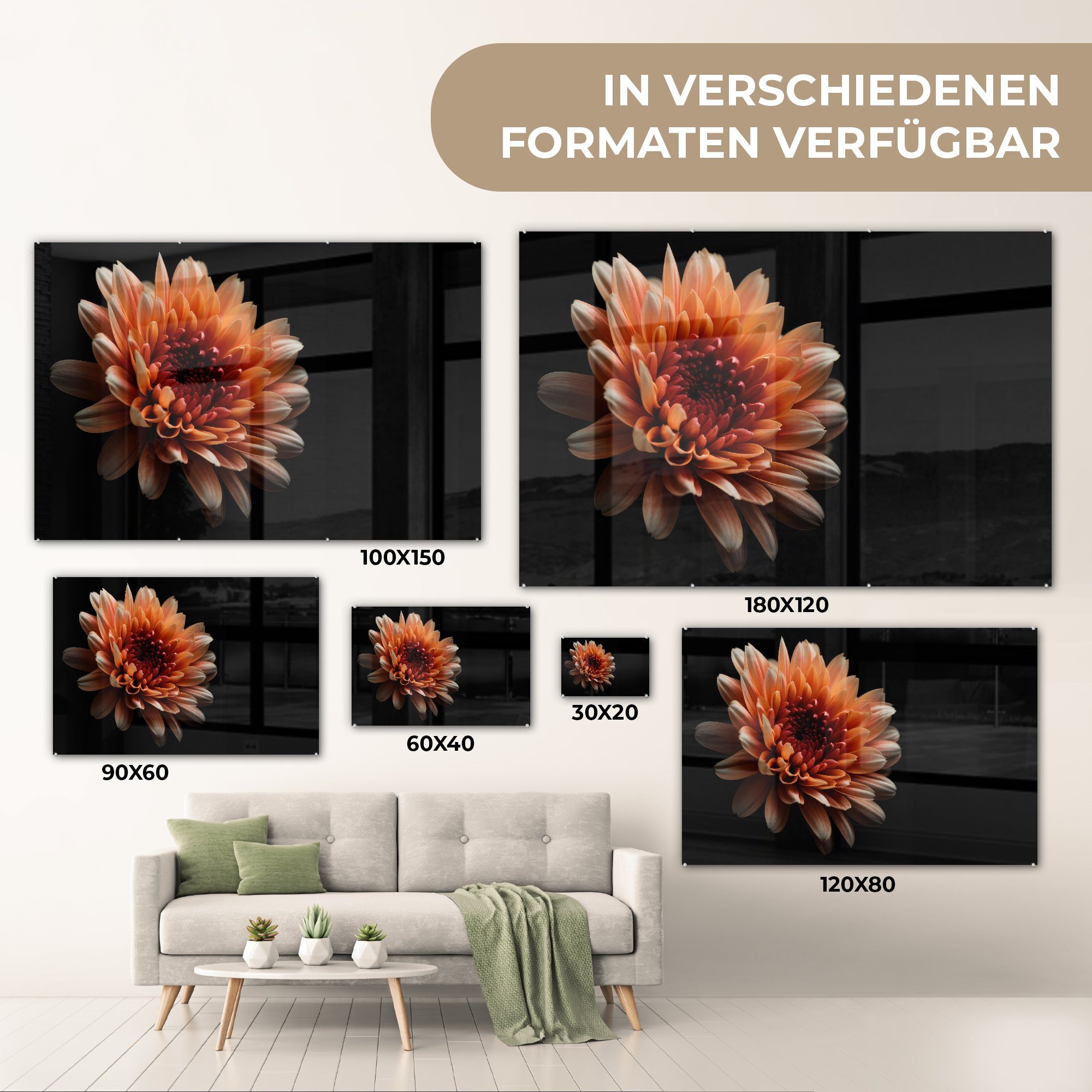 Glas auf Glasbilder - Wandbild - (1 - Wanddekoration Glas auf Schwarz, Natur Bilder Blumen Chrysantheme St), - MuchoWow Orange - Acrylglasbild - Foto -
