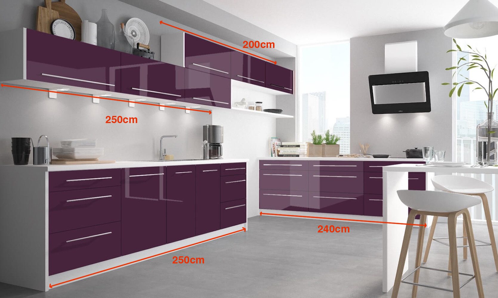 Feldmann-Wohnen Küchenzeile Küchenzeile BRERRA weiß / Lack RAL(K7) 4007-GL (purpurviolett) #dv16, (Schubladen mit Teilauszug und Soft-Close-Funktion), 490x50x168cm weiß matt / purpurviolett lackiert, 13-teilig
