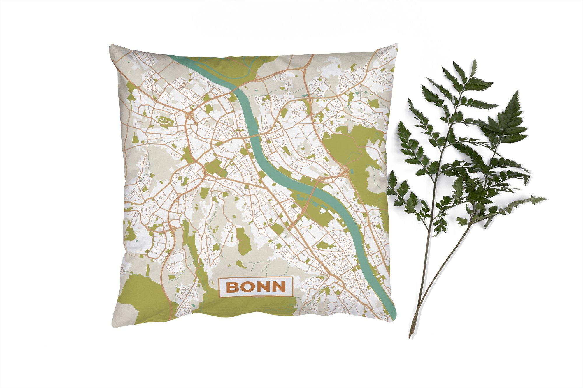 MuchoWow Dekokissen Jahrgang - Bonn - Stadtplan - Karte, Zierkissen mit Füllung für Wohzimmer, Schlafzimmer, Deko, Sofakissen