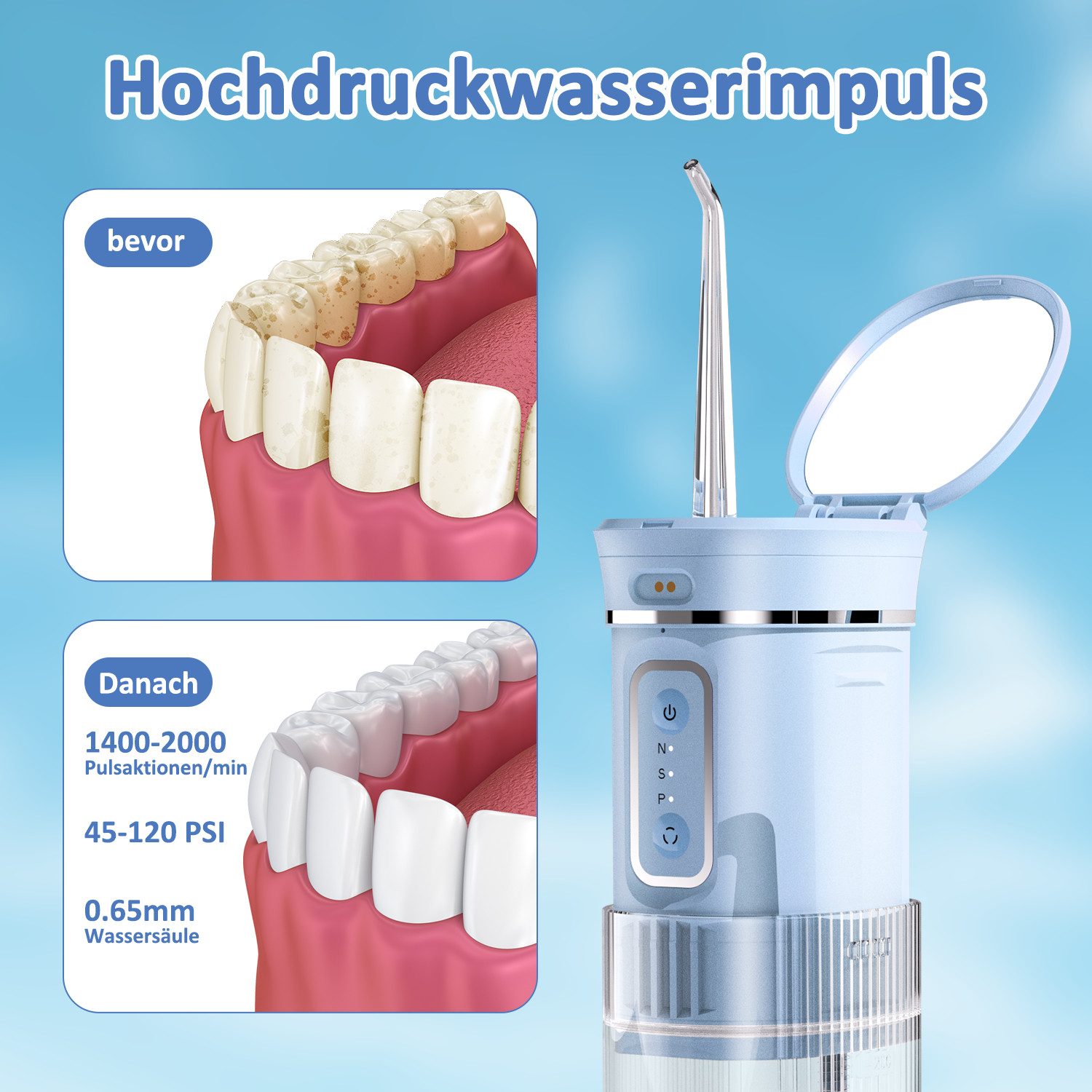 CkeyiN Munddusche Zahnzwischenraum-Reiniger 200ml-faltbarem Wassertank 3 Modi, Aufsätze: 4 St., Blaulicht-Zahnaufhellung Funktion 1200mAh Munddusche