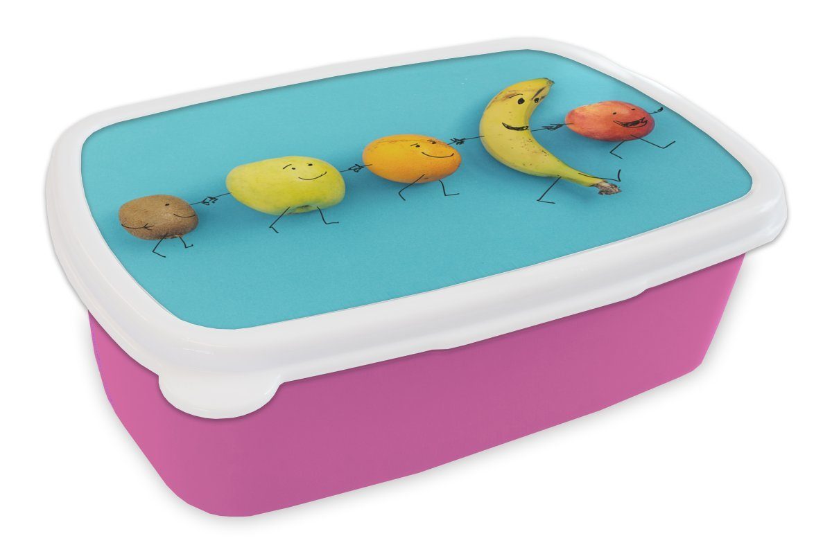 Brotbox Mädchen, (2-tlg), Obst MuchoWow Blau, - Erwachsene, Snackbox, Kunststoff, für - Kunststoff Smiley Kinder, rosa Brotdose Lunchbox