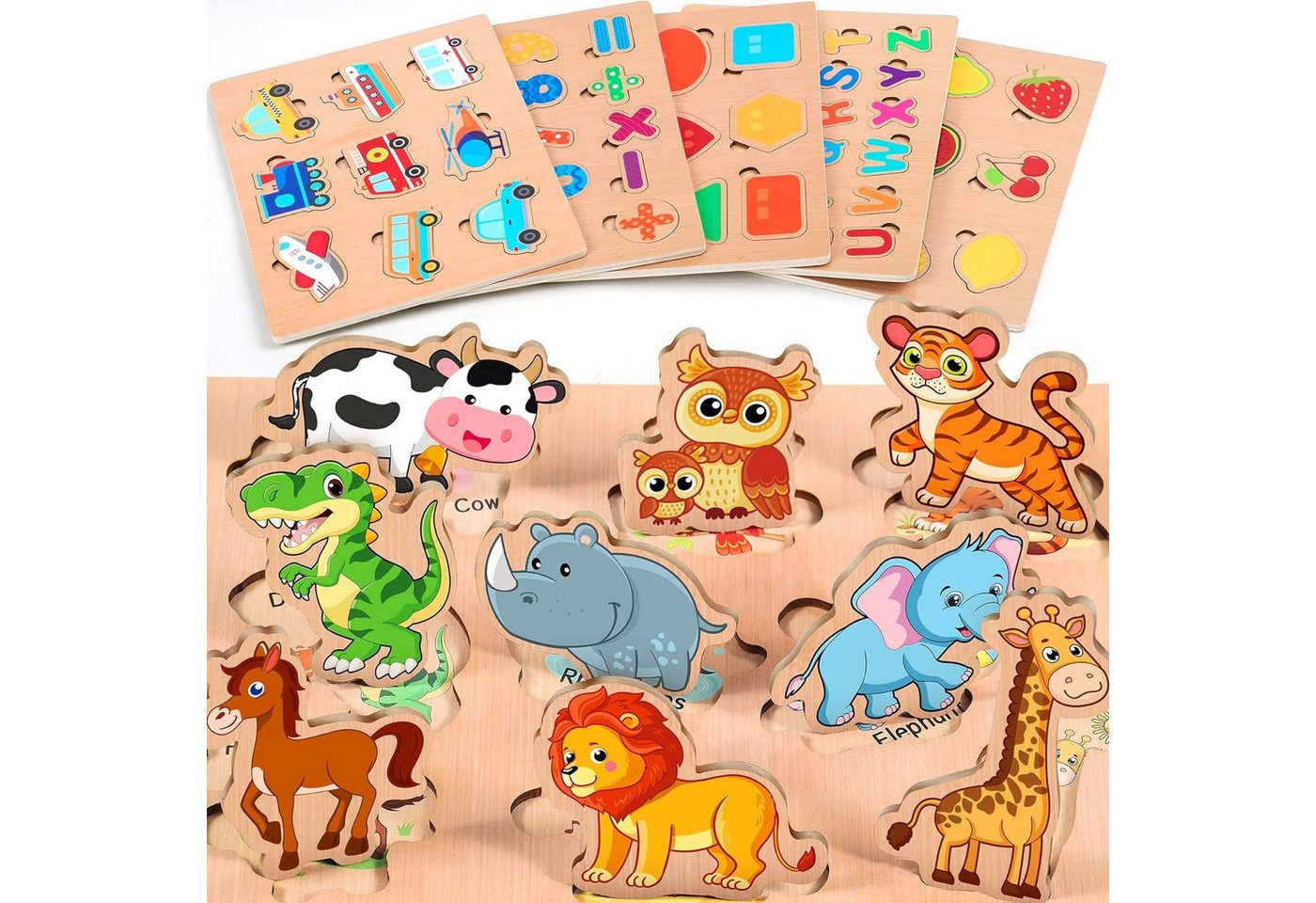 POPOLIC Lernspielzeug 6er Set Kinder Holzpuzzle,Allgemeinwissen-Rätsel, Montessori-Spielzeug (26 x 20 x 4.5 cm, 1-St., Umweltfreundliche, sichere Materialien), Puzzle Steckpuzzle Lernspielzeug Kinderspielzeug 2 3 Jahre