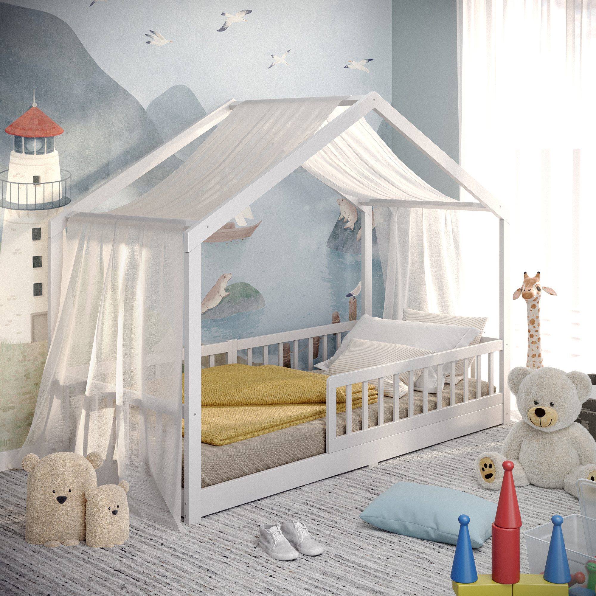 CADANI Kinderbett Malte Bodenbett Hausbett (Rausfallschutz abnehmbar), Bode günstig online kaufen