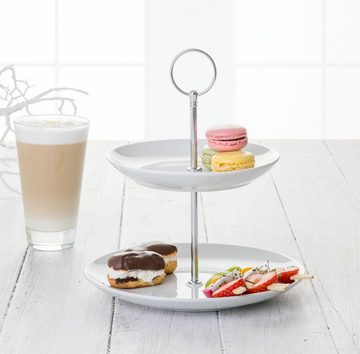 Home4You Etagere, Ø 21 x H 23 cm, Weiß, 2-stöckig, Metallgriff, Porzellan, für Desserts, Obst, Kuchen, Süßigkeiten