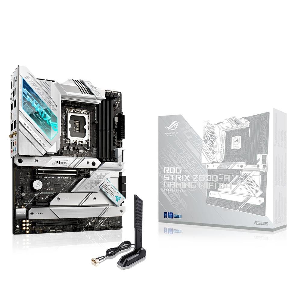 Asus ROG Strix Z690-A Mainboard Aura Sync RGB-Beleuchtung, (Gaming Mainboard Sockel, 1-St., RAM 128 GB), HDMI, WiFi D4, Intel, LGA 1700, ATX, M.2, PCIe 5.0, DDR4, USB-C