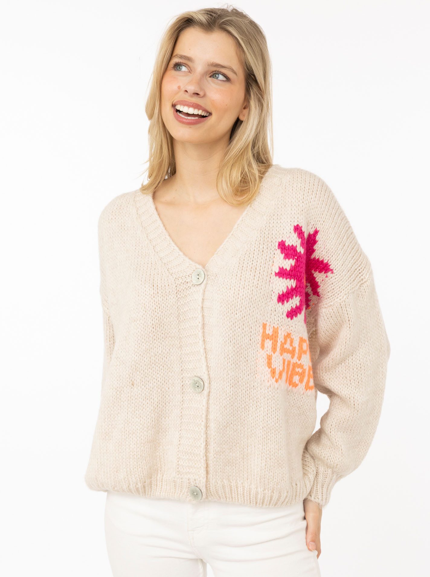 Zwillingsherz Cardigan "Happy Vibes" Knopfleiste, großes Motiv mit Blume und Schrift hinten, One Size