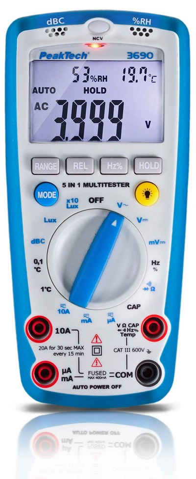 PeakTech Multimeter PeakTech 3690: Digitalmultimeter mit Schall., Temp., R.H. & Lux-Meter