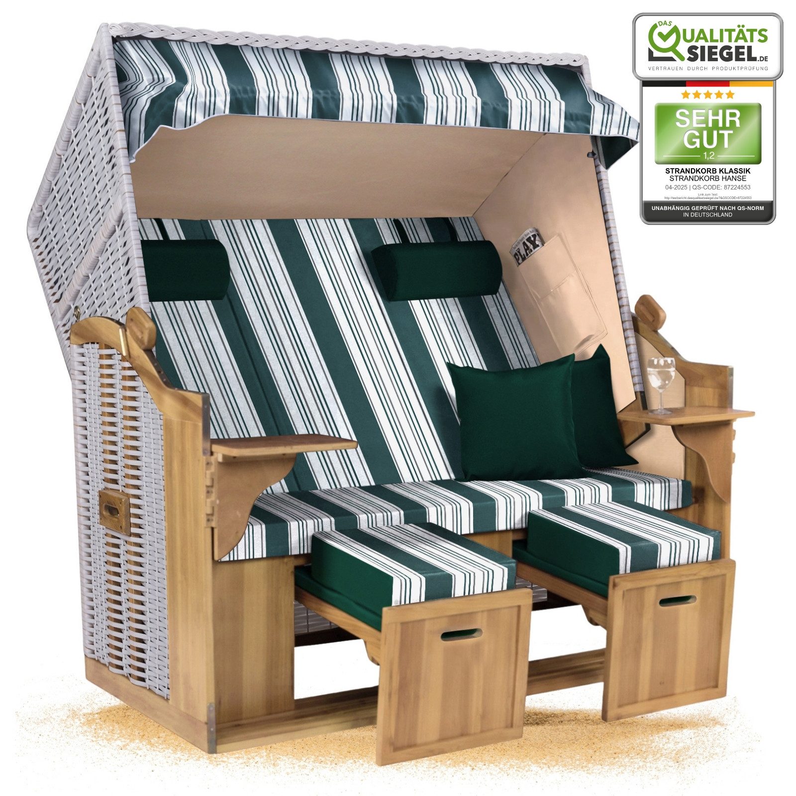 Strandkorb Hanse Strandkorb Strandkorb Ostsee XXL 2,5-Sitzer Volllieger Beige Grün, BxTxH: 150x80x160 cm, Ostsee XXL Volllieger, Ostsee 2,5-Sitzer Modell 2025, Stabiles Wacholder mit handgefertigtem Polyrattangeflecht