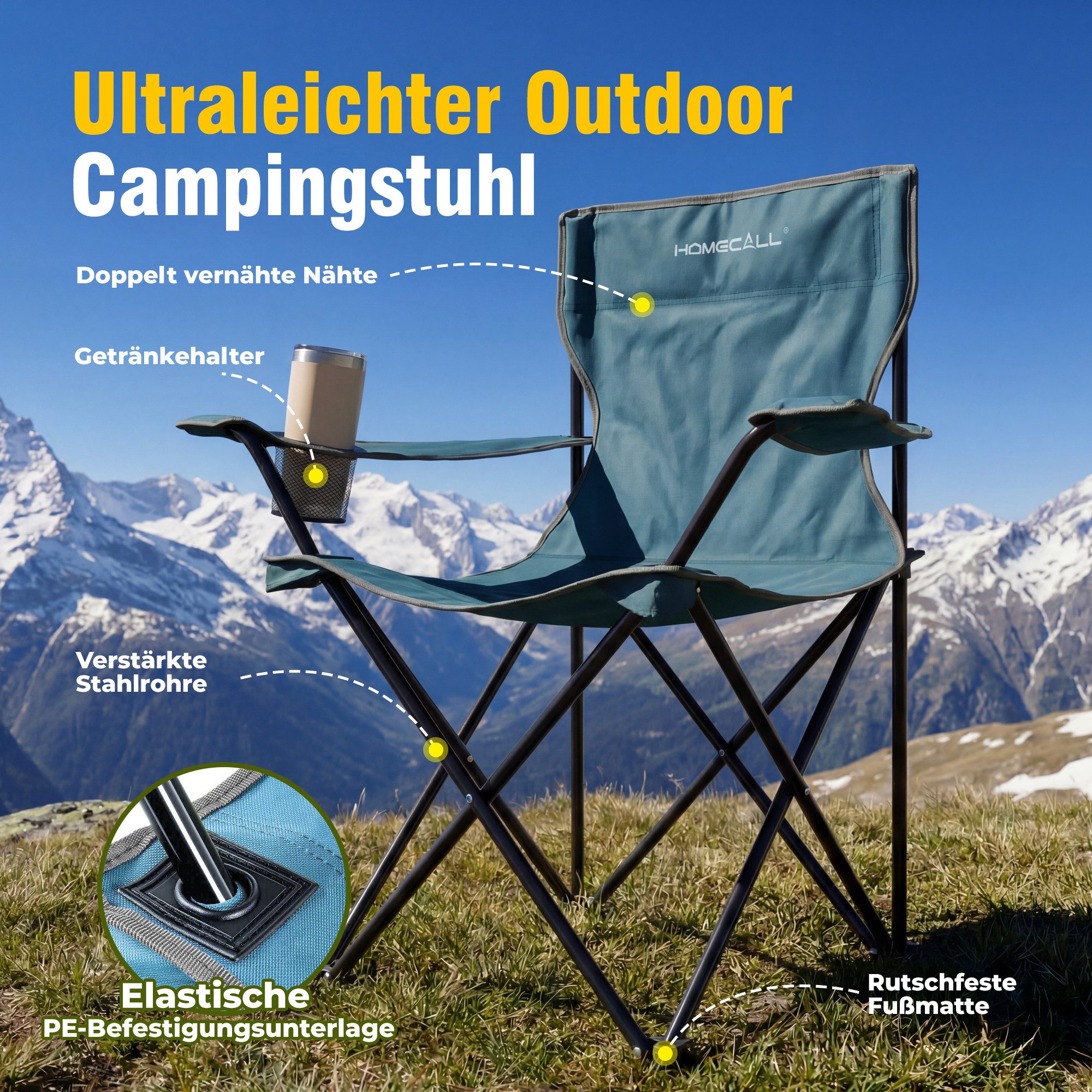 HOMECALL Campingstuhl Campingtisch mit Stühlen Klappstuhl Camping Faltstuhl Picknicktische (Rutschfest & Wetterfest, für Camping, Picknick, Angeln, 1 St), Faltstuhl Campingstuhl mit Tisch Klapptisch mit Stühlen