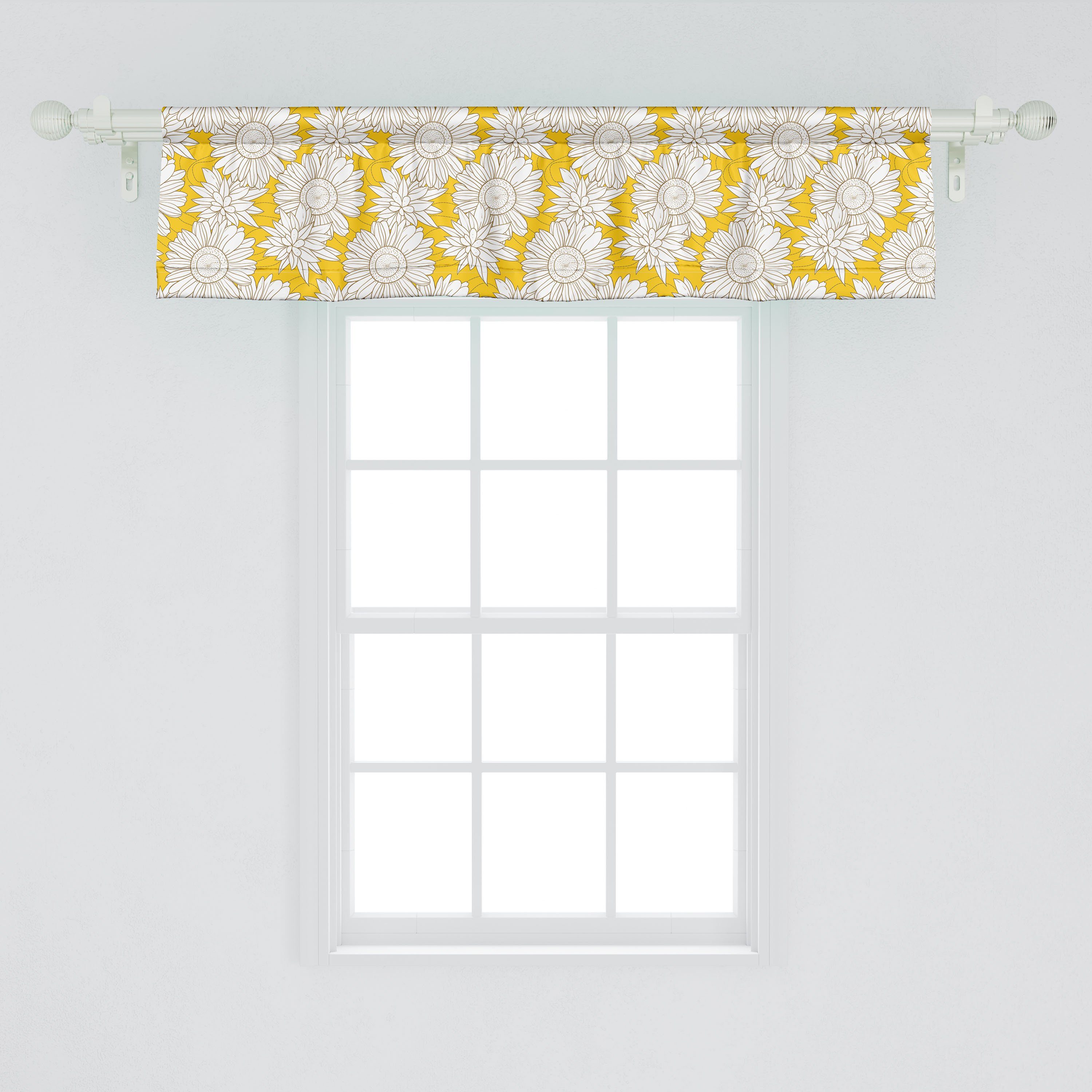 Scheibengardine Vorhang Volant Stangentasche, für Schlafzimmer Küche Dekor Gelb mit Abakuhaus, Weiß Microfaser, Kamillen und