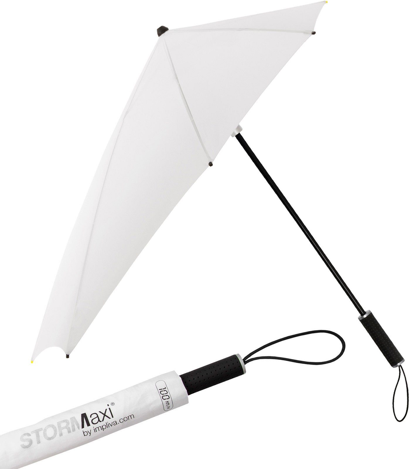 Impliva Stockregenschirm STORMaxi Sturmschirm aerodynamischer Regenschirm, durch seine besondere Form dreht sich der Schirm in den Wind, hält bis zu 100 km/h aus weiß