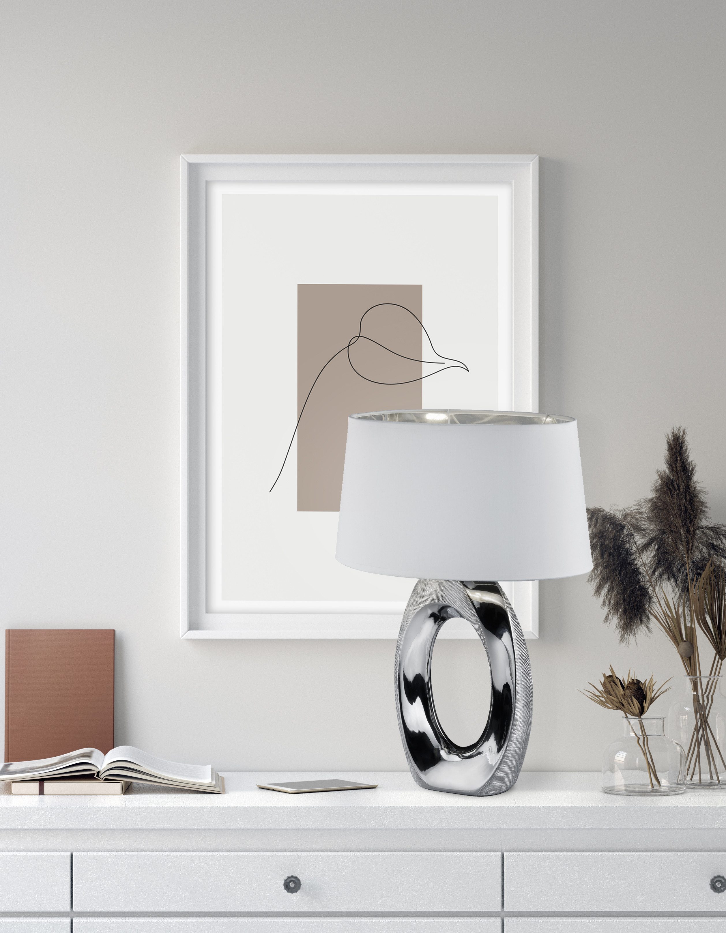 Reality Leuchten Schreibtischlampe Taba, E27 Tischleuchte mit Keramikfuß und weiß-silberfarbigem Stoffschirm