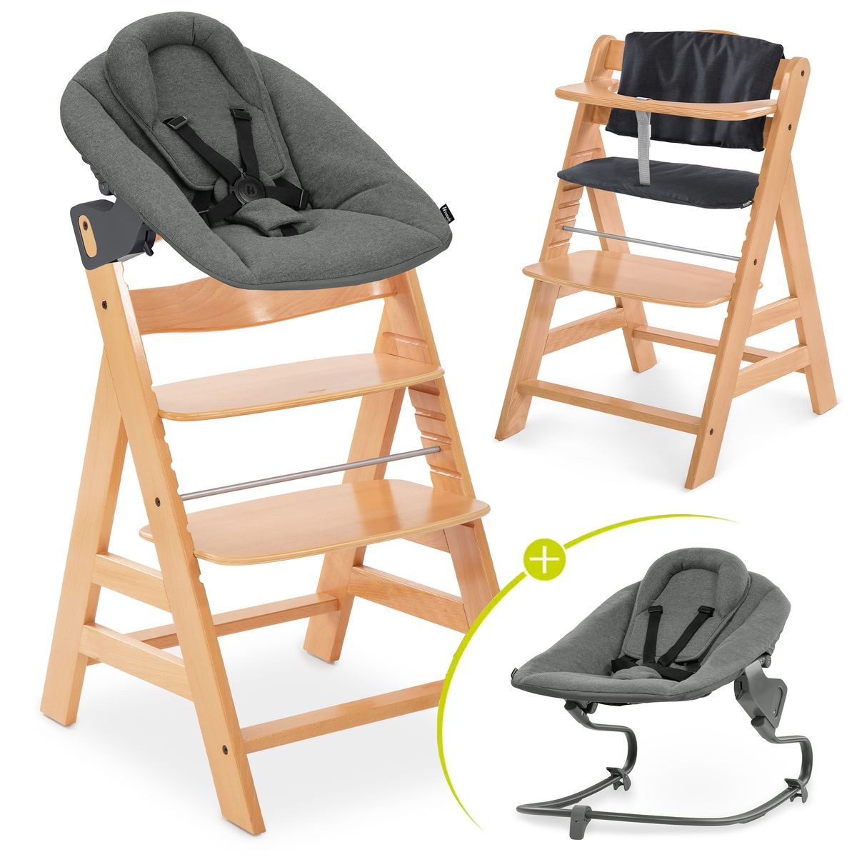 Hauck Hochstuhl Alpha Plus Natur Newborn Set, Holz Babystuhl ab Geburt inkl. Aufsatz für Neugeborene & Sitzauflage