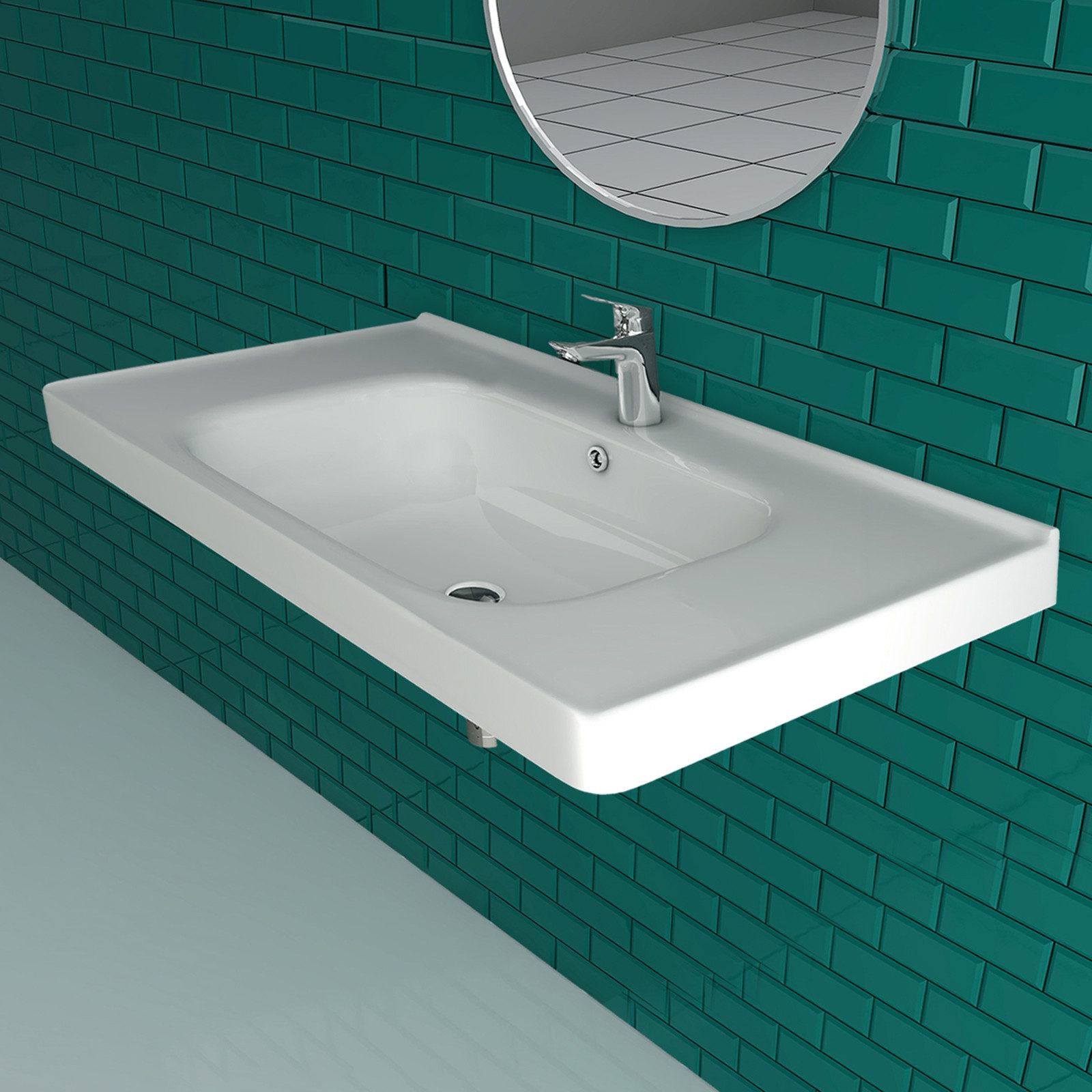 Alpenberger Waschbecken Eckig - Waschtisch Keramik Hängewaschbecken 80 cm Breit (1-tlg., 1-St., mit Überlauf und Hahnloch), Nanobeschichtung, Lotuseffekt – Bild 5 von 5