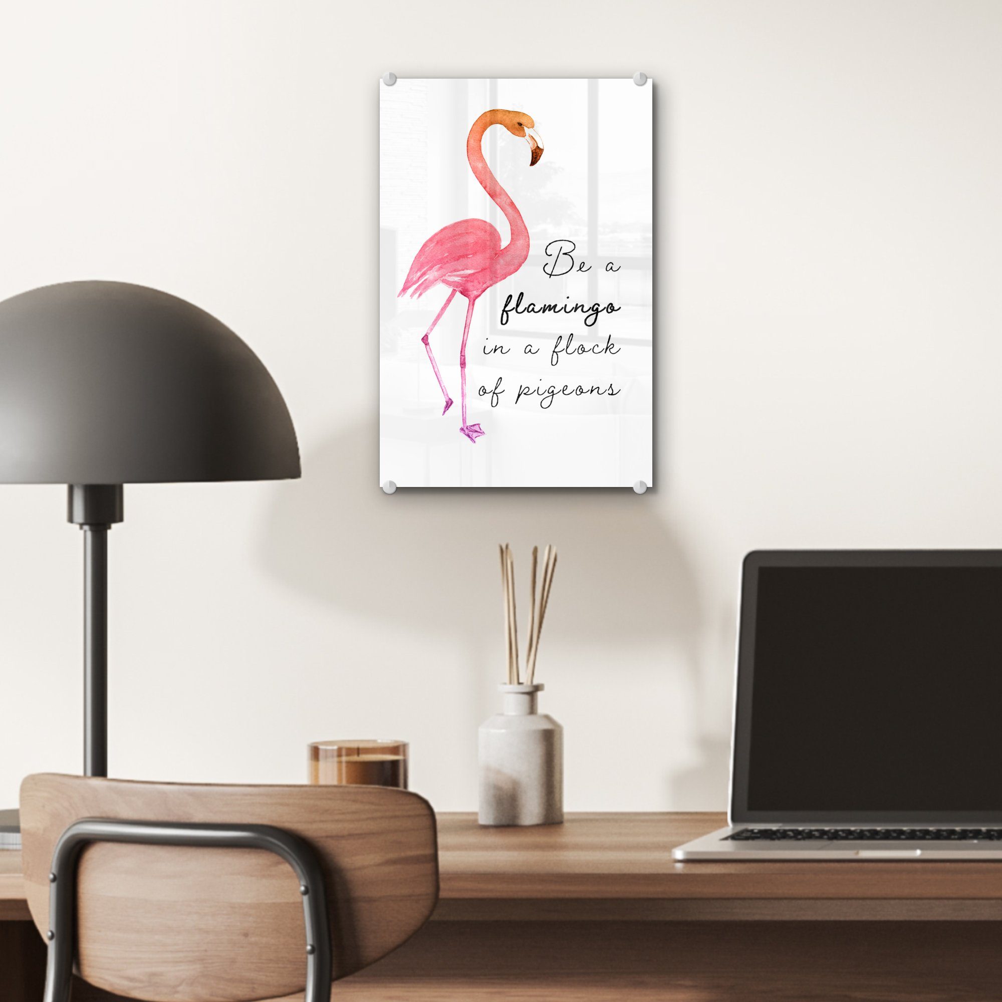 (1 auf Glasbilder Wandbild St), Glas MuchoWow Flamingo Glas - Bilder auf Wanddekoration - bunt - - - Orange Foto Acrylglasbild Zitat,