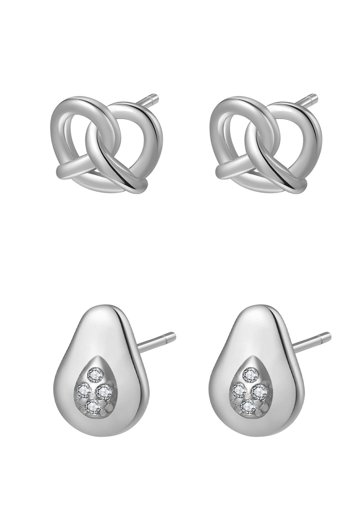Hey Happiness Серьги-гвоздики-Set Zierliche Brezeln und Avocado, Verspieltes 4er Ohrring-Set, 925 Silber 18K Vergoldet