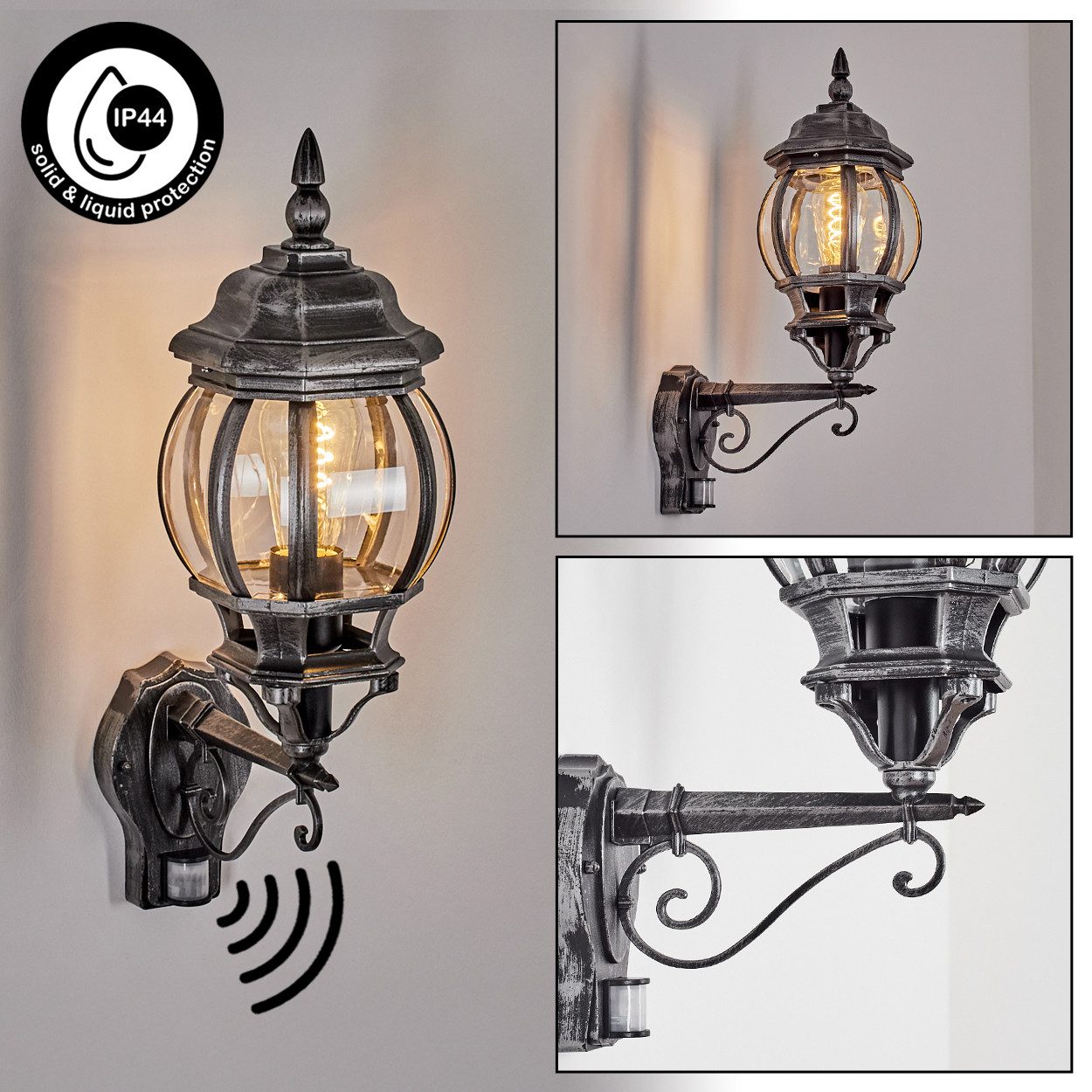 hofstein Außen-Wandleuchte Außenwandlampe mit Bewegungsmelder, Metall/Glas in Schwarz/Silber/Klar, ohne Leuchtmittel, Wandleuchte außen aufwärts im Retro/Vintage/Antik-Design, E27, IP44