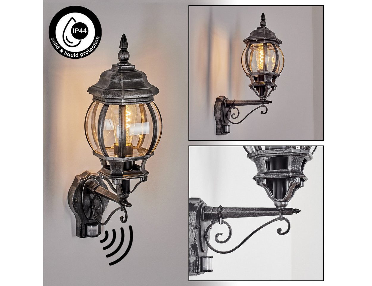 hofstein Außen-Wandleuchte Außenwandlampe mit Bewegungsmelder, Metall/Glas in Schwarz/Silber/Klar, ohne Leuchtmittel, Wandleuchte außen aufwärts im Retro/Vintage/Antik-Design, E27, IP44