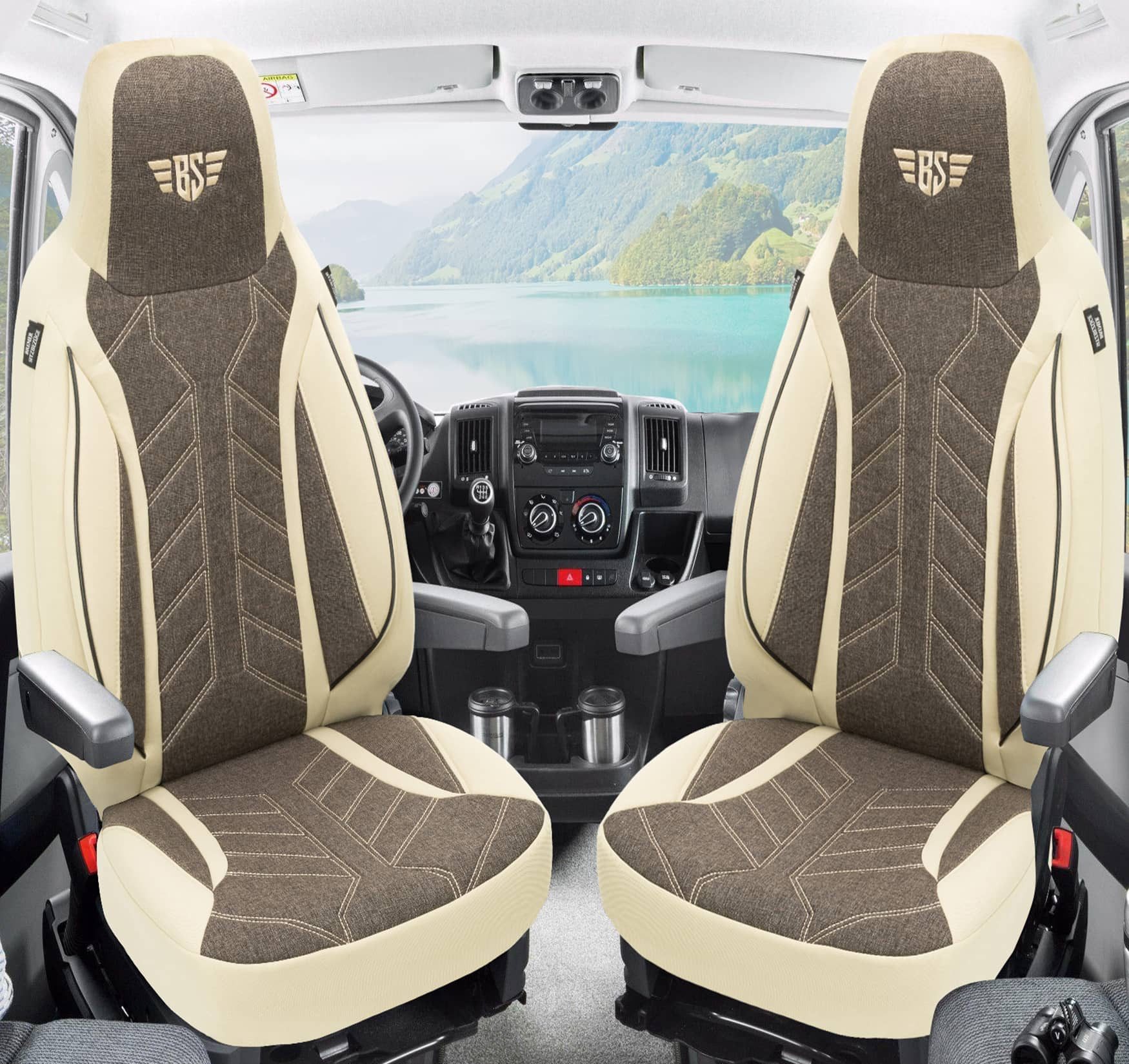 BREMER SITZBEZÜGE Autositzbezug für Chausson Twist Van V594 MAX (PLKT211), Set, 2-tlg., Schonbezüge Sitzbezüge Fahrer und Beifahrer, in Beige/Braun