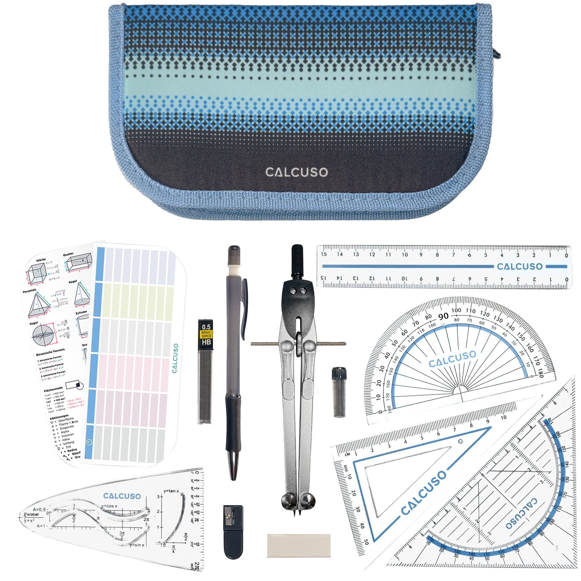 CALCUSO Zirkel Set im Federmäppchen mit Geodreieck & Lineal und Zubehör - Blau