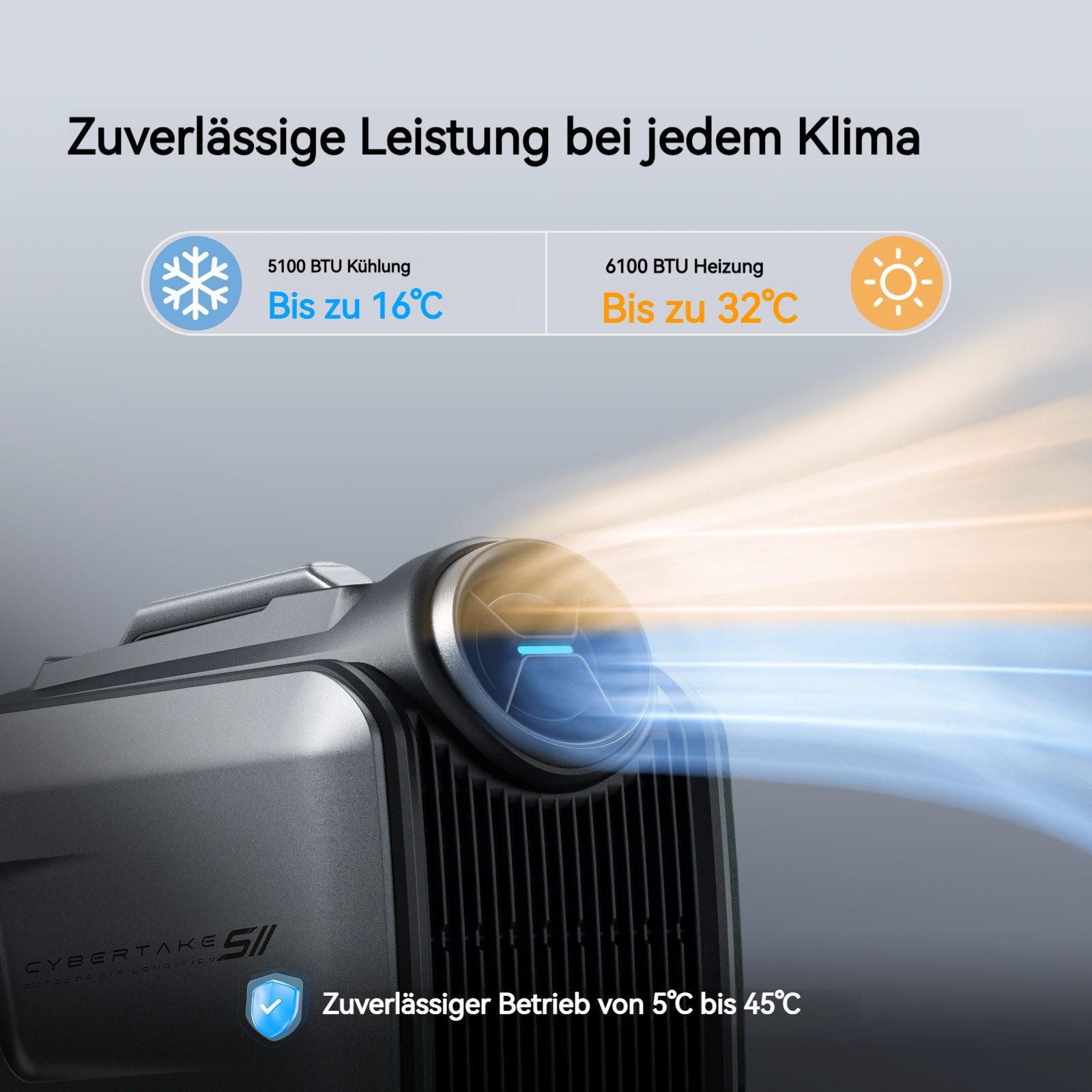 CYBERTAKE Klimagerät S2Pro Outdoor-Klimaanlage, 5100 BTU Kühlung/6100 BTU Heizung, 4-in-1, 12h Timer, für Zuhause, Reise, Haustierzimmer & Camping
