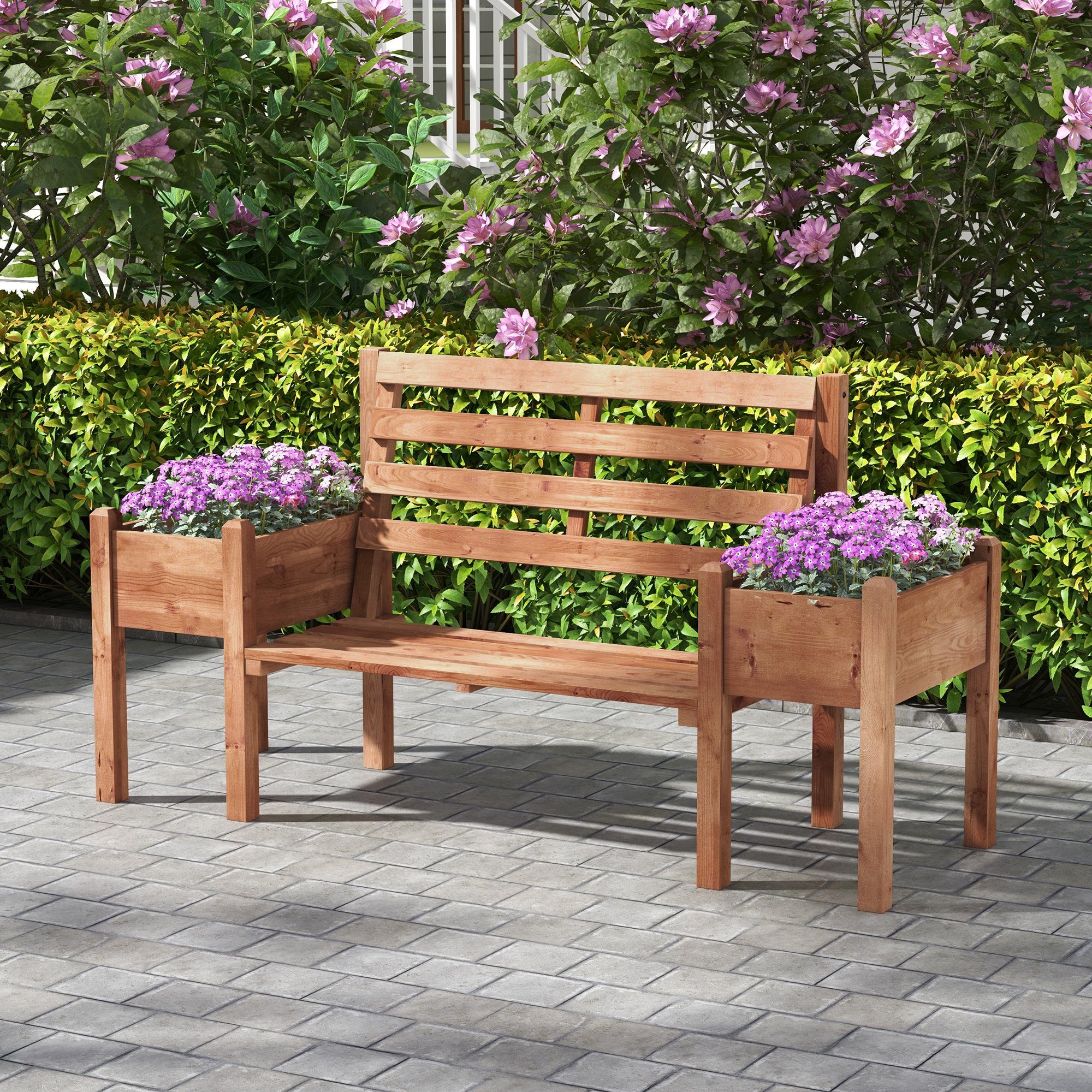 Outsunny Bank Gartenbank, 2-Sitzer Sitzbank mit Blumenkasten (Balkonbank, 1-St., Holzbank), bis 240 kg Belastbar, 184 x 59 x 95 cm, Dunkelbraun