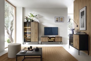 MOEBLO Highboard Sentino WTSZ104 LED (mit LED-Beleuchtung, Schwarz + Eiche Wotan Schlafzimmer Komodenschrank, Schrank mit gefräster Front, Sideboard Wohnzimmer Kommode), (BxHxT):104x166x39cm