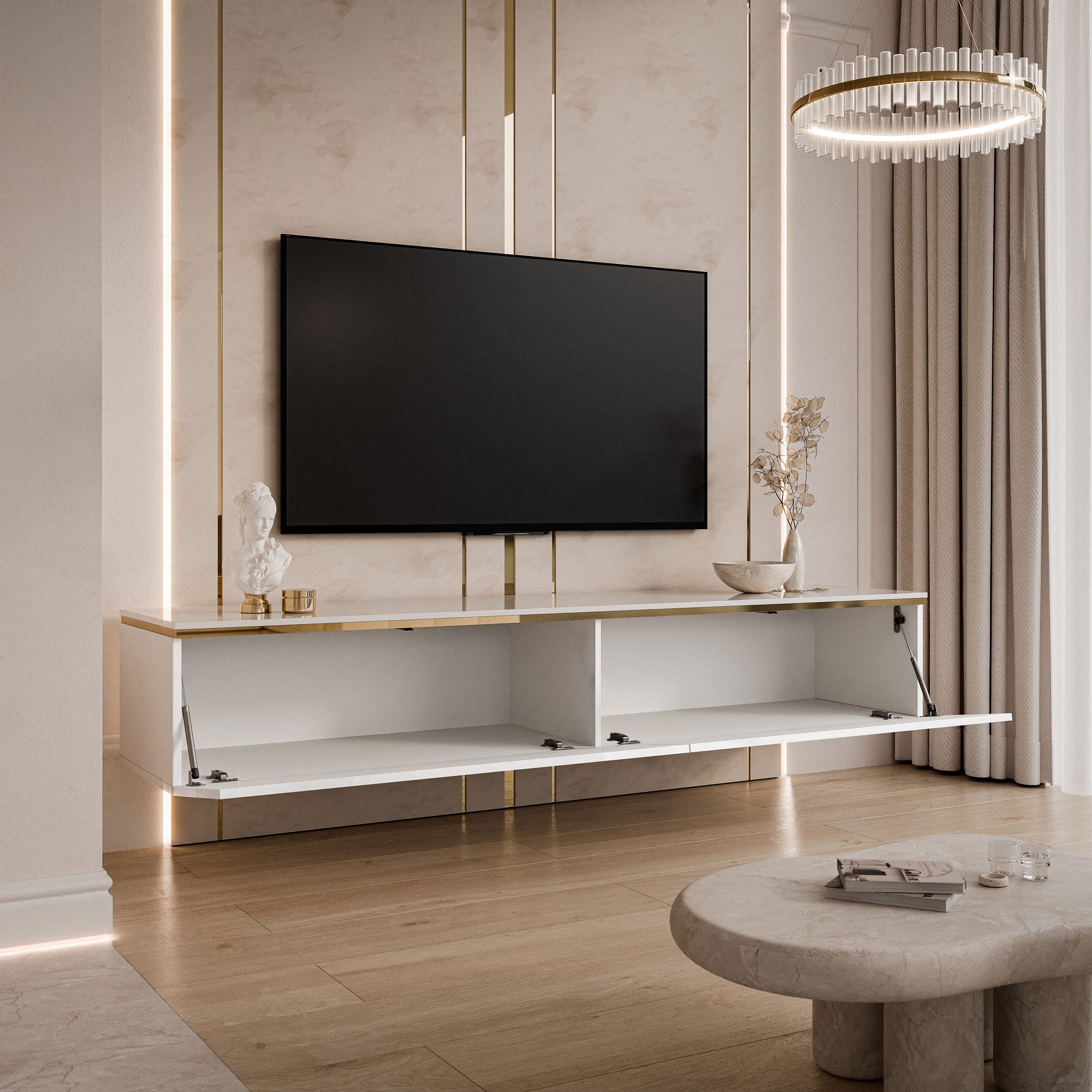 Lookway Lowboard AURORA mit Led Beleuchtung Hängende TV-Schrank 180 cm Weiß Hochglanz, Breite: 180 cm