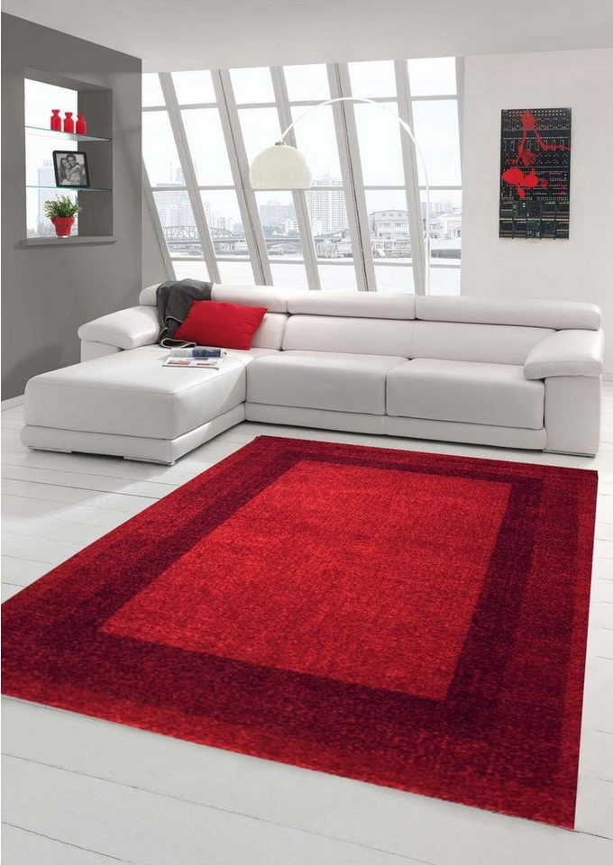 Teppich Designer Teppich Moderner Teppich Wohnzimmer Teppich Velours  Kurzflor Teppich mit Winchester Bordüre in Rot, Teppich-Traum, rechteckig,  Höhe: 9 mm