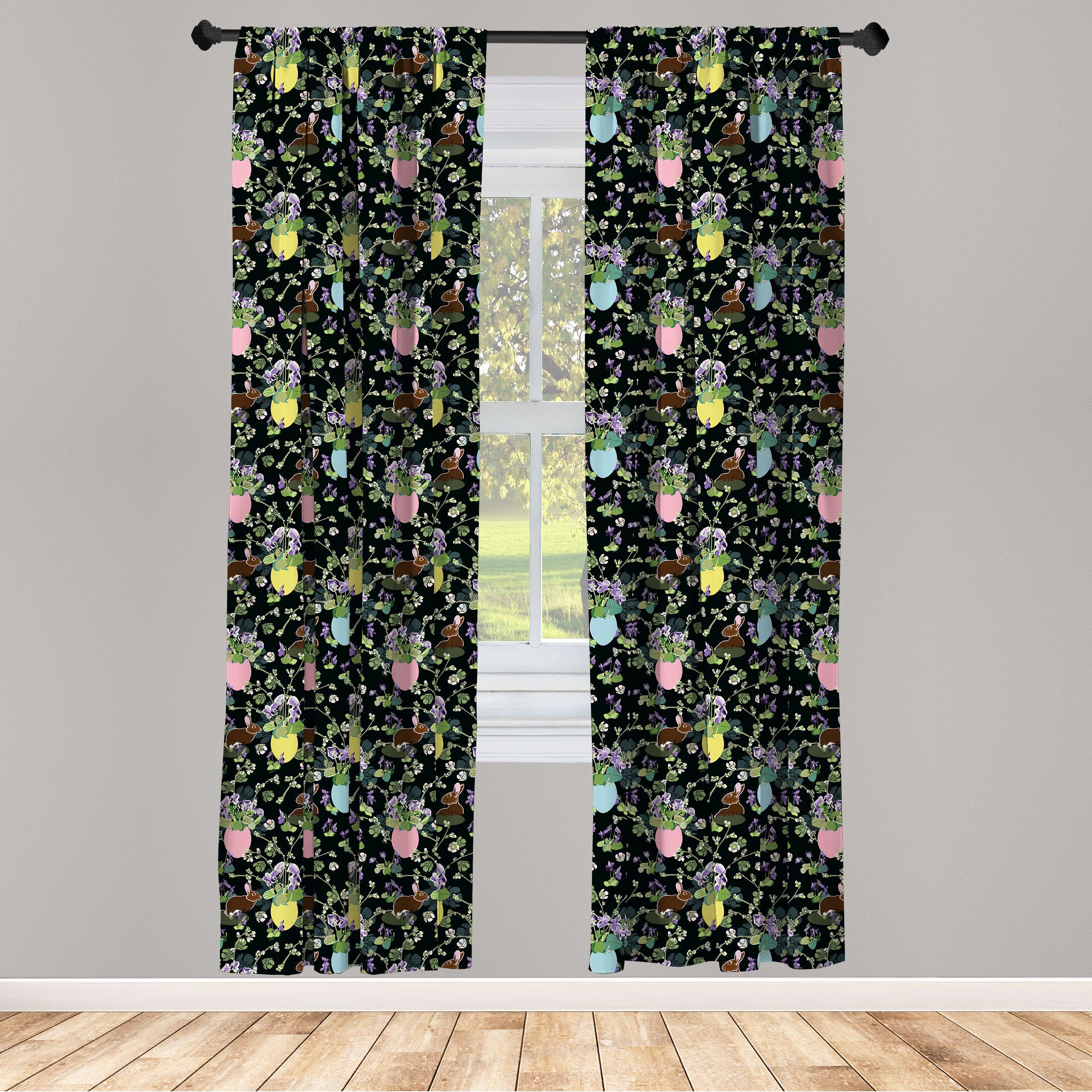 Gardine Vorhang für Wohnzimmer Schlafzimmer Dekor, Abakuhaus, Microfaser, Ostern Iris-Blüten-Kaninchen-Häschen