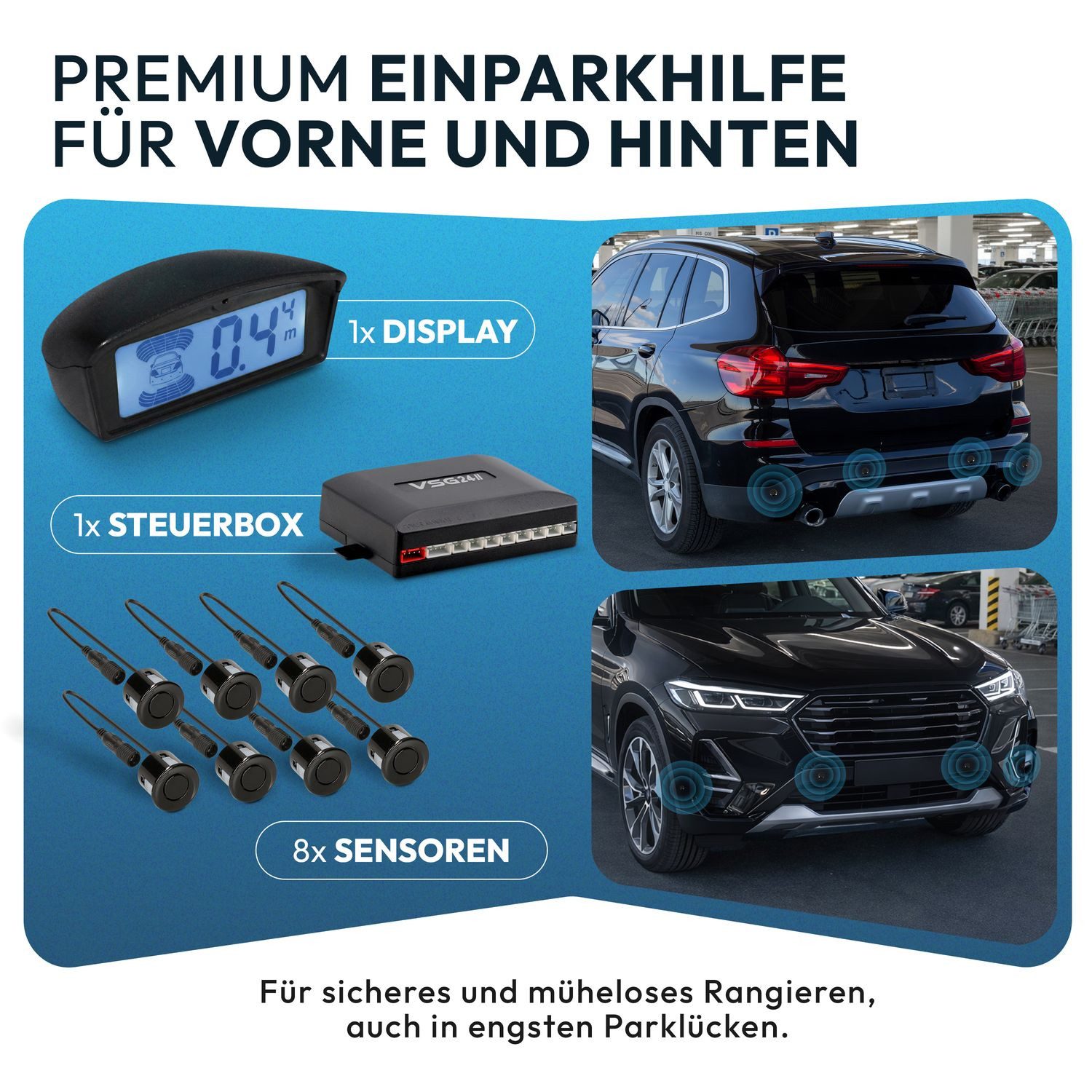 VSG24 Premium Kombi-Einparkhilfe ECHO PLUS Display Parkhilfe zum nachrüsten Rückfahrkamera (Rückfahrwarner mit Display & 8 Sensoren Stecksystem Nachrüstsatz PDC)