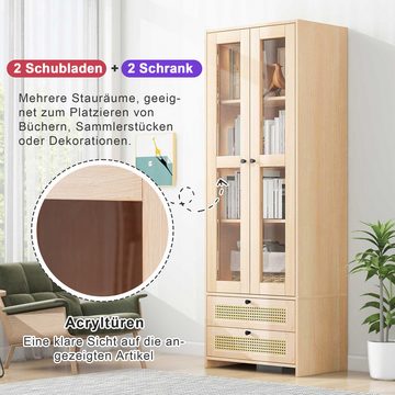 EXTSUD Hochschrank Hochwandkommode (1,7 m) mit Rattan-Schubladen, transparenten Türen