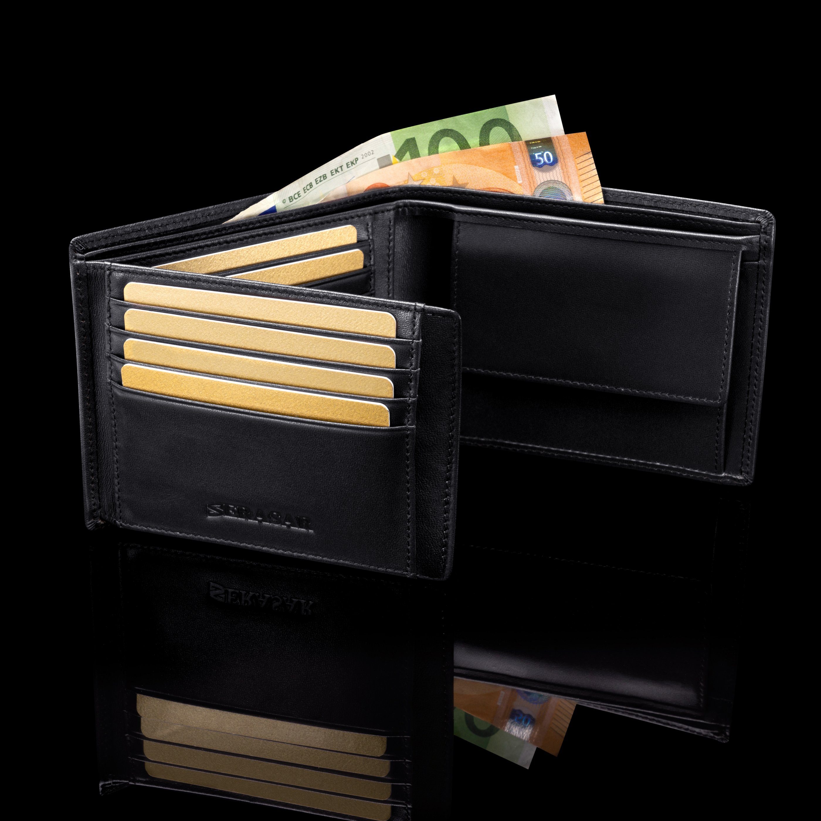 gegen mit "Space" inkl. aus Geschenkbox Echtleder SERASAR Geldbörse  Schwarz Datenklau Geldbörse RFID-Schutz (1-tlg),