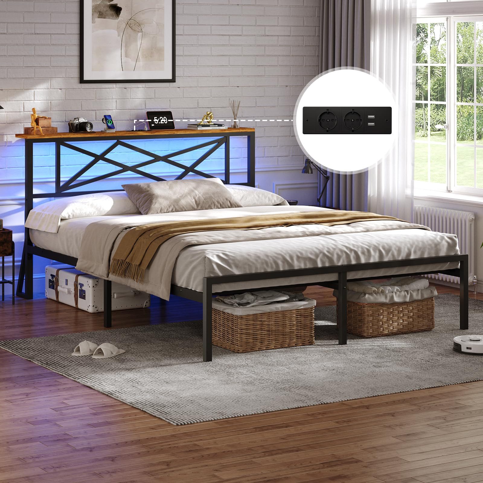 MSMASK Metallbett mit LED-Beleuchtung, Steckdose und 2 USB-Anschlüssen (Ohne Matratze), Bettgestell 140 x 200 cm in Braun mit Metall-Lattenrost