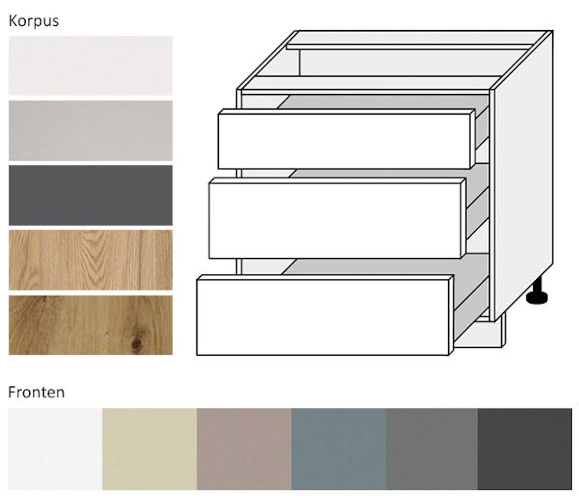 Feldmann-Wohnen Unterschrank Kvantum 3 Schubladen graphit wählbar (Teilauszug) (Kvantum) 80cm matt Korpusfarbe Front- &