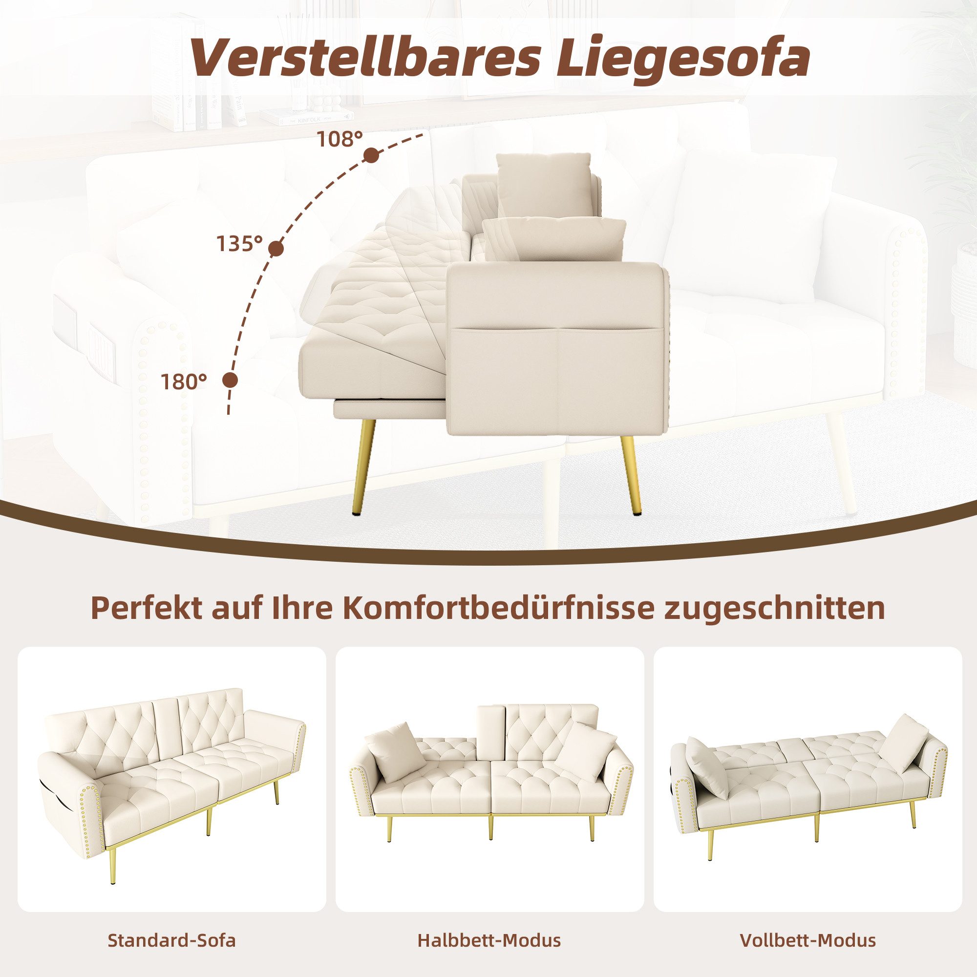 Merax Schlafsofa mit 3 verstellbaren Neigungswinkeln & ausklappbarer Liegefunktion, 2 sitzer Klappsofa Polstersofa mit bettfunktion 1 Teile, Sofa klappbar mit G – Bild 4 von 5